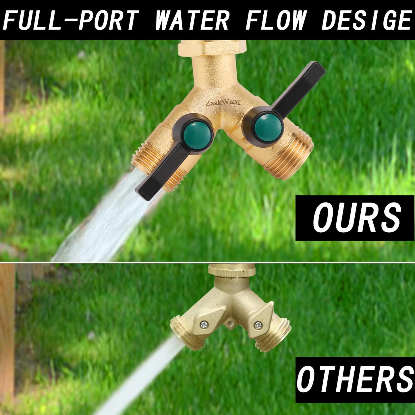 Garden Hose Splitter High Flow, Y - Distributor, Heavy Duty Solid Brass 3/4” GHT Inlet, Garden Faucet Diverter, Full Flow Outdoor Hose Adapter Connector (2 Pack)