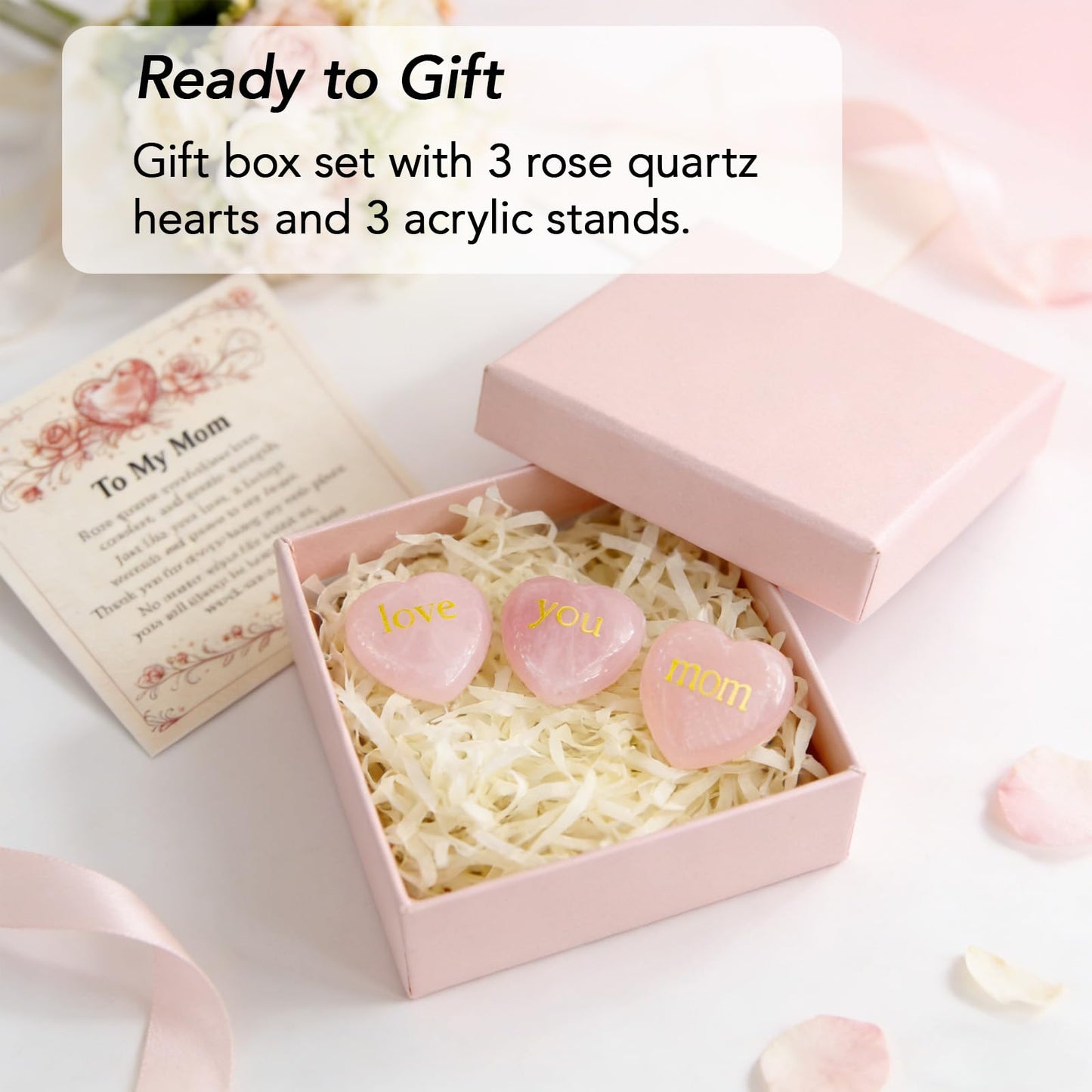 Rose Quartz Heart Gift for Mom, Love You Mom Crystal Keepsake with Acrylic Stand, Mom Birthday Gift from Daughter Son, Mothers Day Desk Decor, Thank You Mom Gift with Card and Box (Gold)