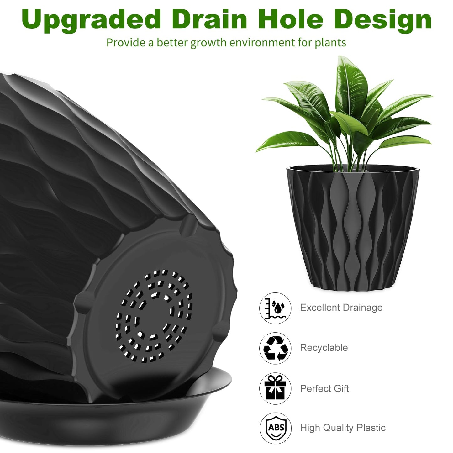 GDJUQZ 6 Pack 7 Inch Indoor Plant Pots with Drainage Holes, Outdoor Plastic Decorative Flower Pots, Garden Planters with Tray Saucers for Orchids, Violets, Succulents, Herbs, and Other Plants