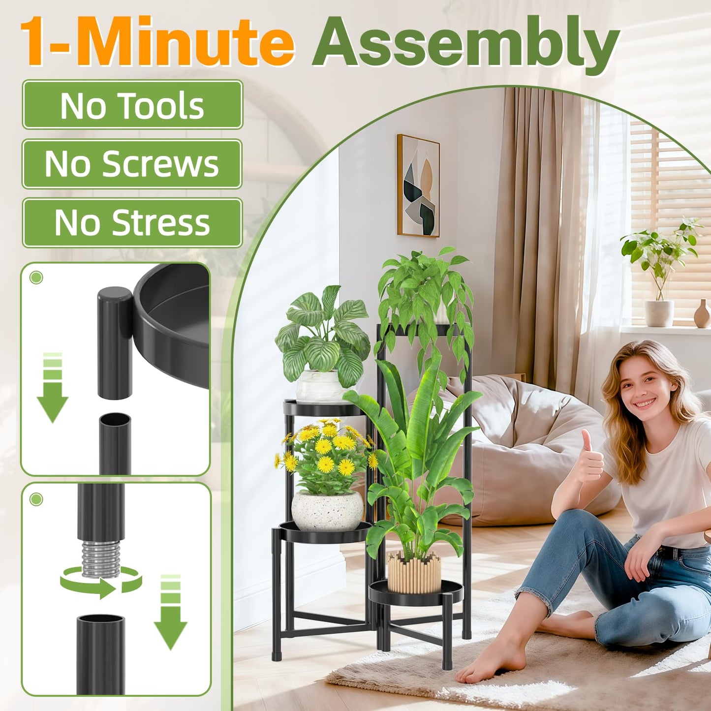 iDavosic.ly Plant Stand Indoor Outdoor, 4 Tier Corner Metal Flower Display Holder Shelf, Folding Tall Orchid Rack for Patio Balcony Porch Garden Living Room House, Black
