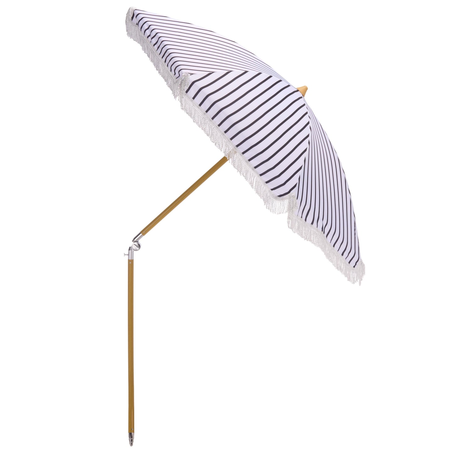 SAFAVIEH Outdoor - Bella 6.5 FT Beach Umbrella - Black Striped Canopy with White Fringe Trim, Tilt Function, Aluminum Pole with Wood Grain Finish, Weather Resistant for Beach, Patio, Garden (PAT8504A)