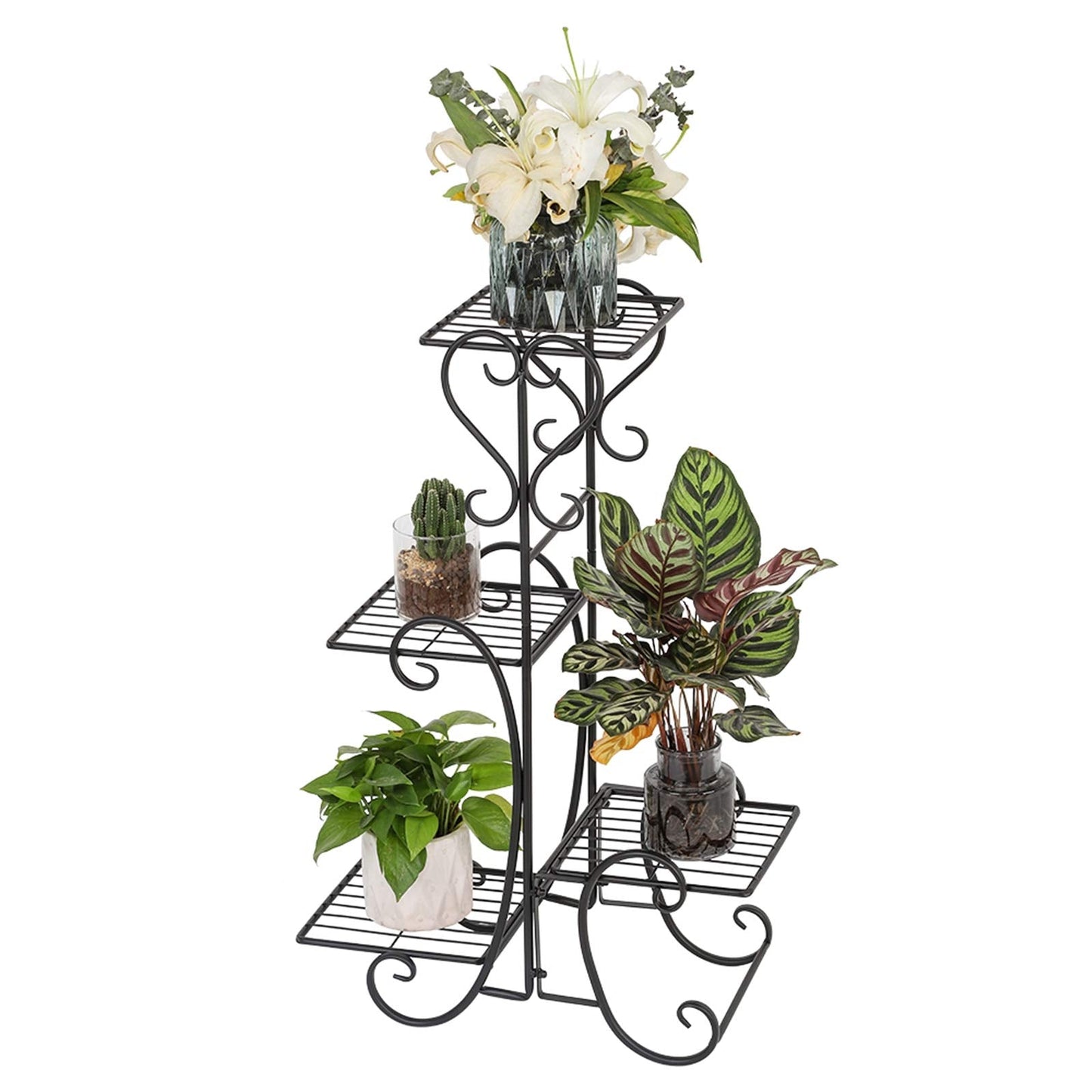 Plant Stand Indoor Outdoor - 4 Tier Corner Shelf Shelves Decoration Display Rack - Metal Wrought Iron Multi Flower Planter Potted Holder Organizer for Living Room Balcony Garden Patio Black