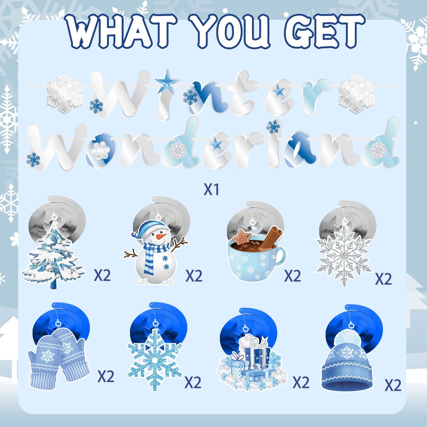 WEEPA 18 Pcs Winter Wonderland Decorations Snowman Snowflake Hanging Swirls Winter Party Banner Set Blue Silver Christmas Decorations
