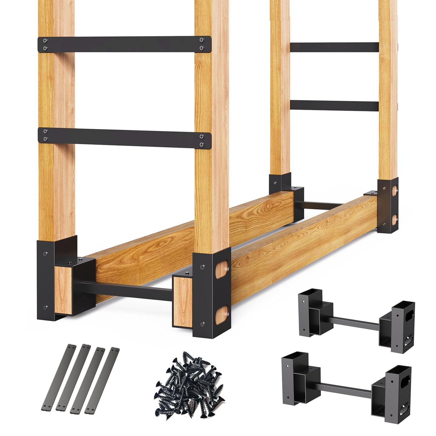 Eibikdi Firewood Rack Outdoor, Adjustable Length Wood Storage Brackets Kit, Log Stacking Stand Holder for Outdoor Indoor Fireplace, Wood Burning Fire Pits, Black, Set of 2