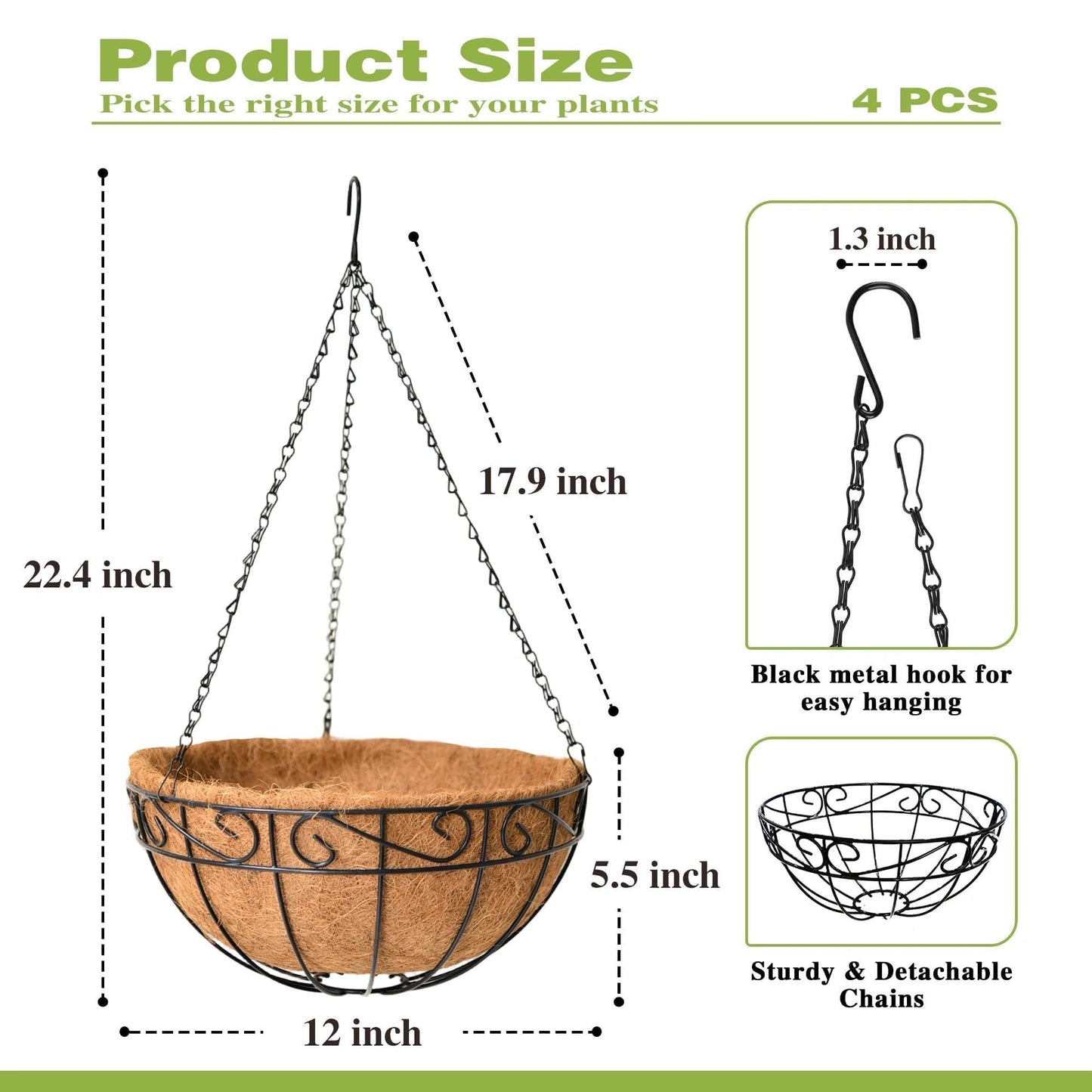 Qusuxi 4 Pack 12 Inch Hanging Baskets for Plants Outdoor Metal Hanging Planter Hanging Flower Baskets with Coco Fiber Liners Chain Round Wire Plant Holder Flower Pots(Plaid)