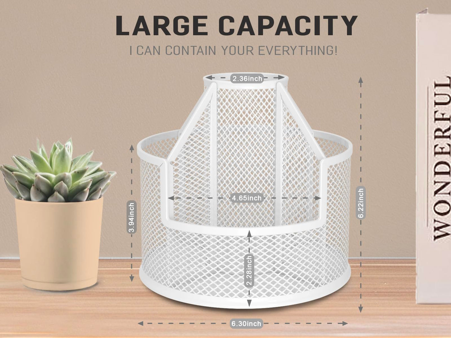 RURYEURT Sturdy Rotating Pen Holder, Cute Metal Pencil Holder, Large Mesh Pen Organizer for Desk, Premium Friendly Office Desk Accessories & Workspace Organizers, White