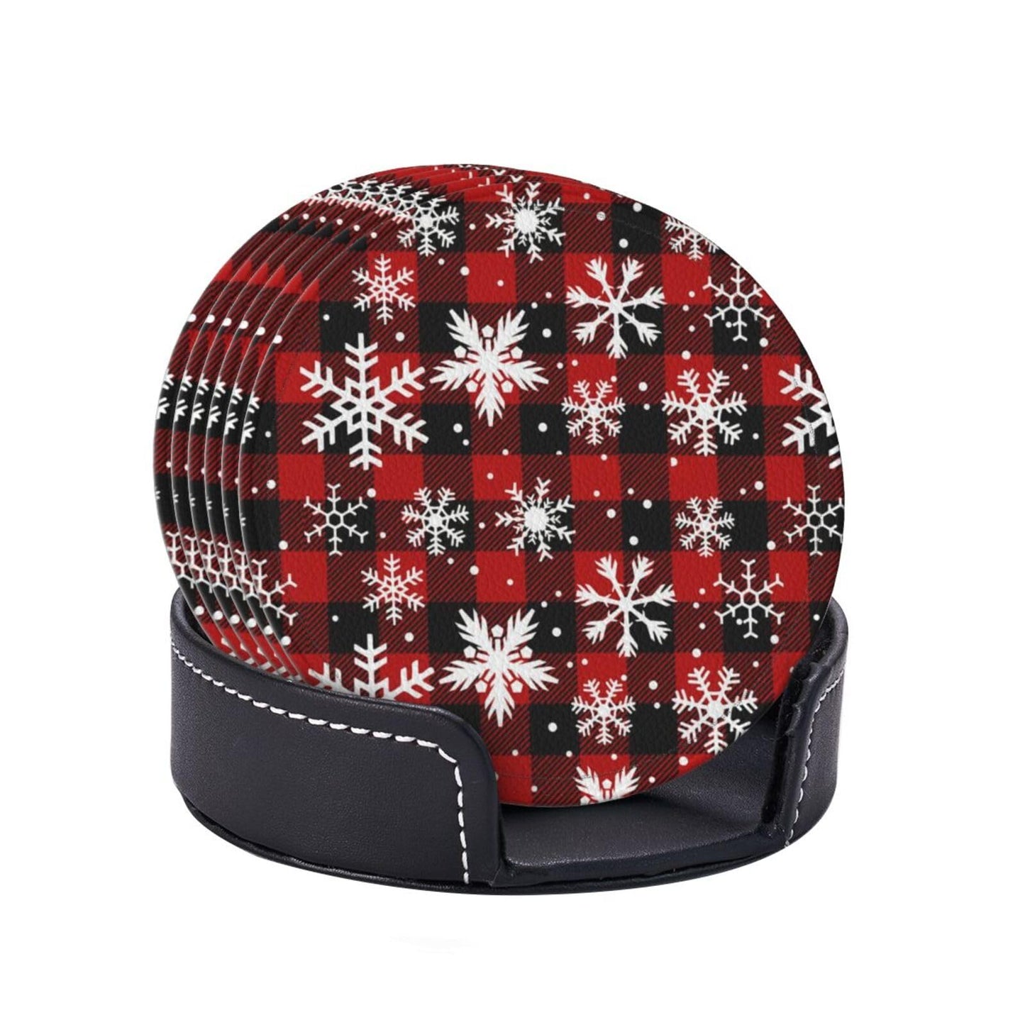 6 Pcs Christmas Coasters for Women Men, 4 Inch Xmas Red Plaid Coaster with Holder for Home Kitchen Office Table Decor