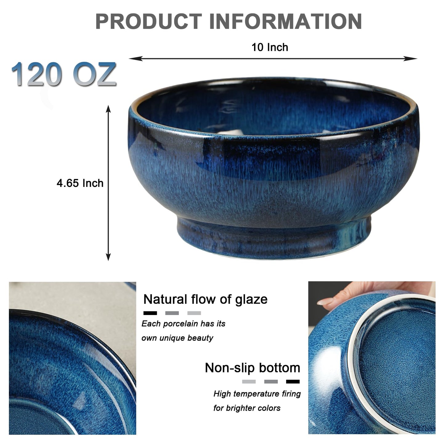 STE-CER Extra Large Salad Bowl,Decorative Fruit Bowl,Kitchen Ceramic Bowl for Fruit & Salad,120 oz Footed Serving Bowl for Entertaining (starry blue)