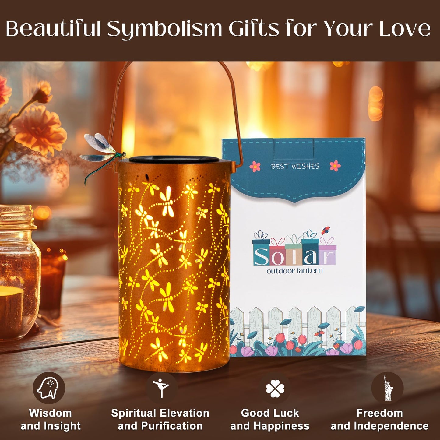 DIBIEECN Mothers Day Gifts for Mom, Birthday Gifts Grandma Ladies Solar Lanterns Outdoor Hanging Hollowed-Out Metal Waterproof LED Garden Decor Outside for Patio Yard Porch, Dragonfly, 1 Pack