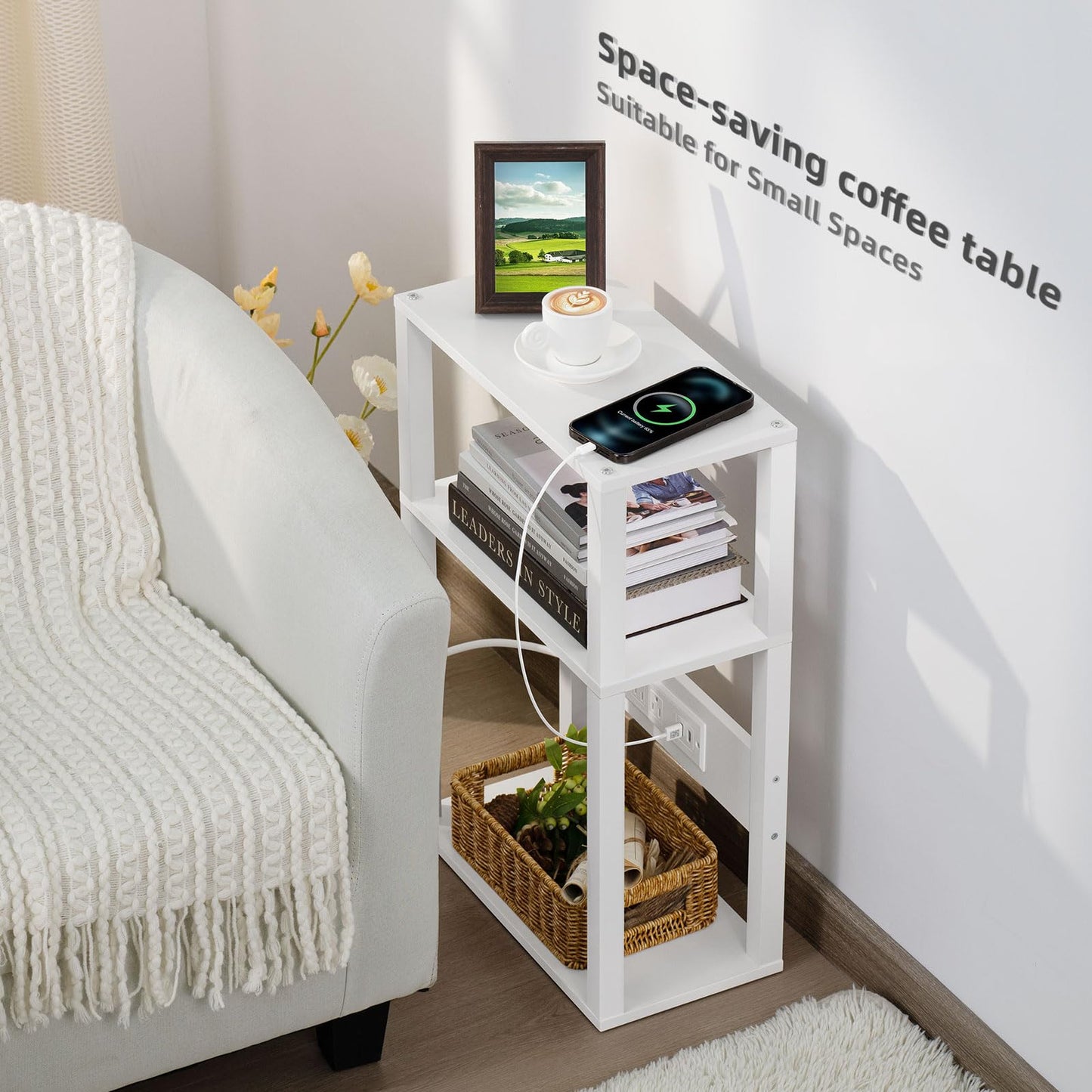YUFAM 3-Tier Small Narrow Wood Side Table with Charging Station, Skinny Nightstand for Small Space, Slim Bedside Table with Storage for Couch, Thin End Table with USB Ports and Outlets, White