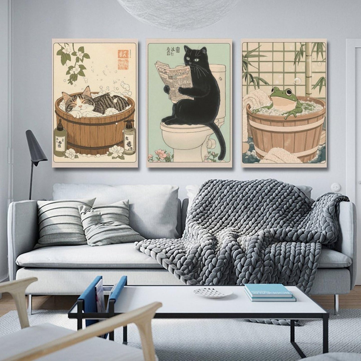 KERAXL Anime Cats Bathroom Poster Art Print, Funny Animal Bathroom Japanese Culture Wall Art Decor Cute Toilet Unframe 08×12inch(20×30cm) Set Of 3