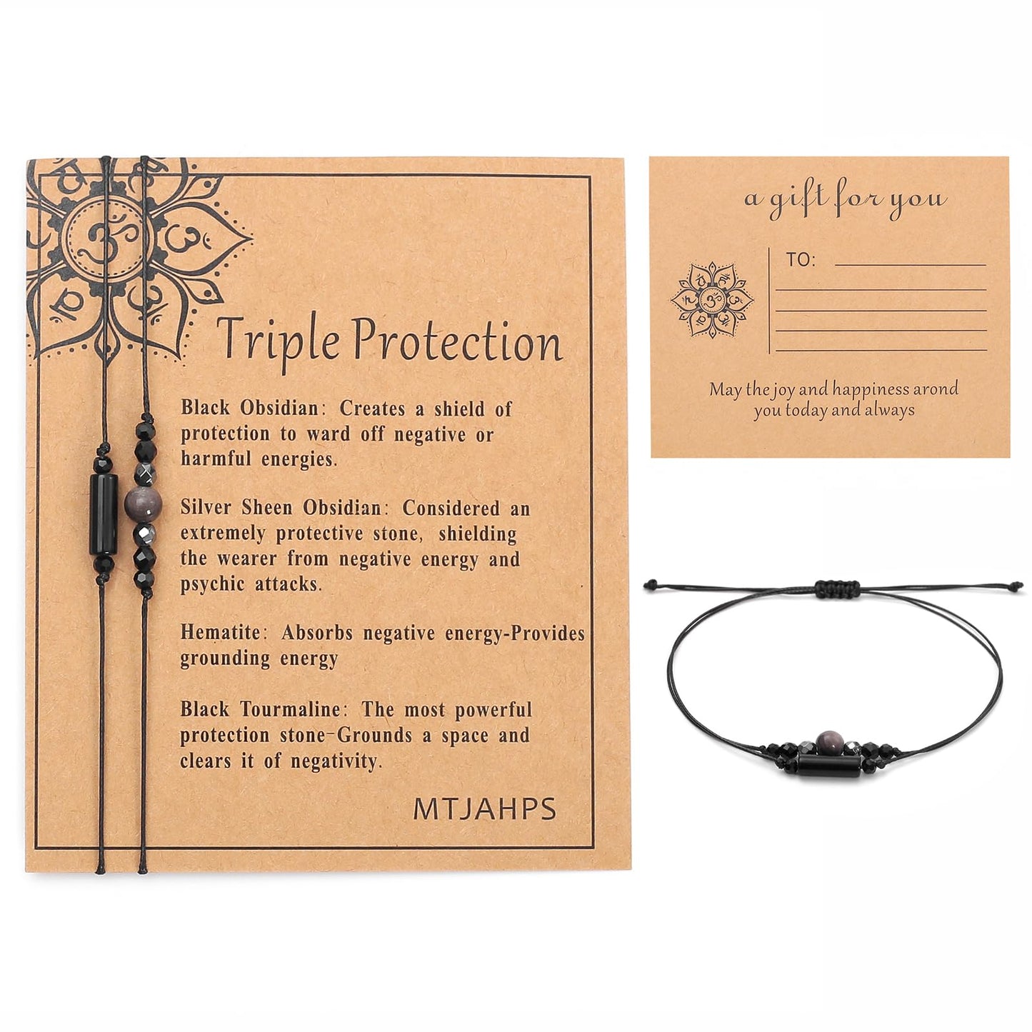 MTJAHPS Protection Bracelet, empath protection, black obsidian Crystals and Healing Stones Bracelet for Women ，Luck ，Anxiety and Stress Clam Bracelet (Triple Protection)