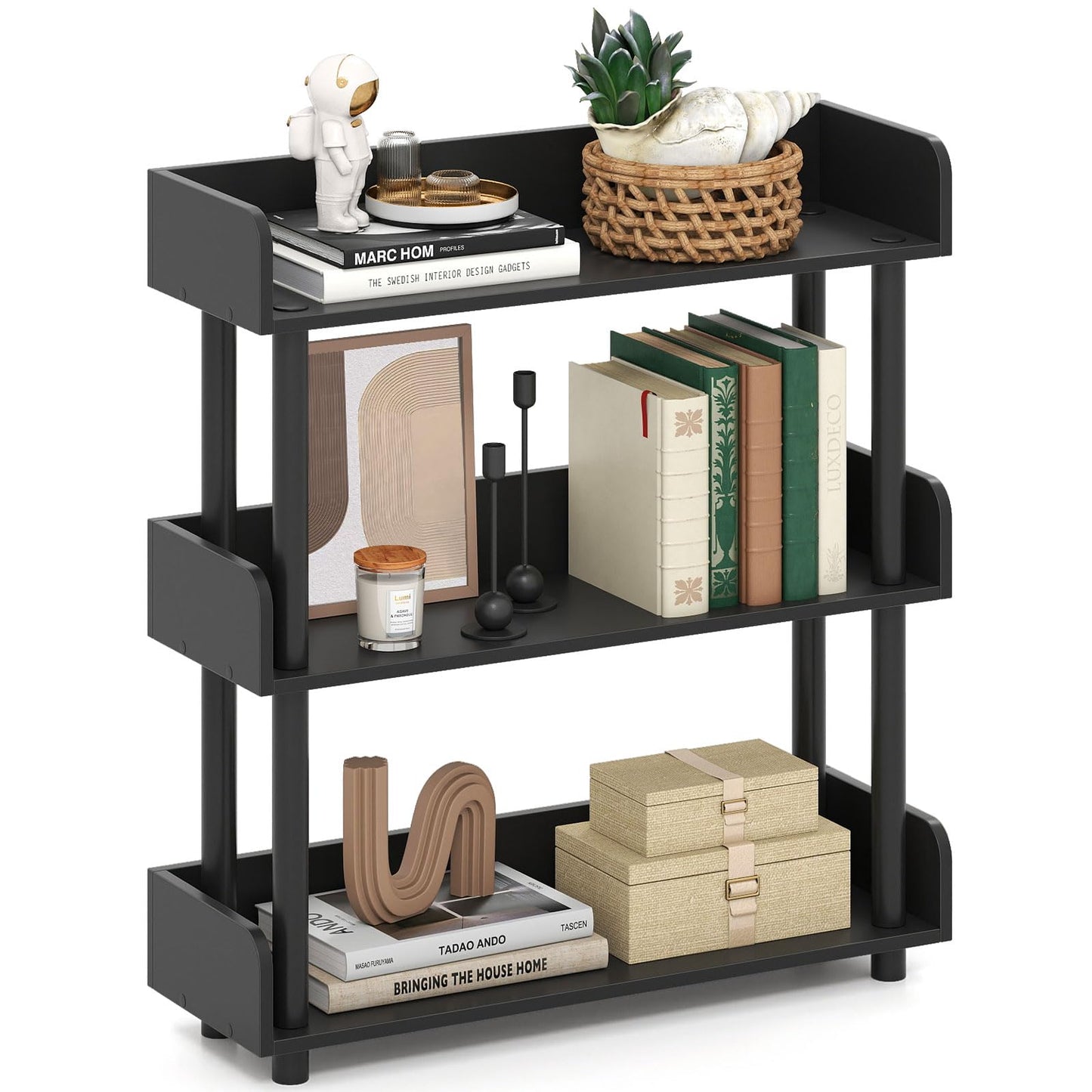 Tangkula 3-Tier Bookshelf, Multipurpose Wood Standing Display Rack with Back and Side Panels, Industrial Open Bookcase, Storage Organizer for Living Room Kitchen Office (Black, 1 Pack, 3-Tier)