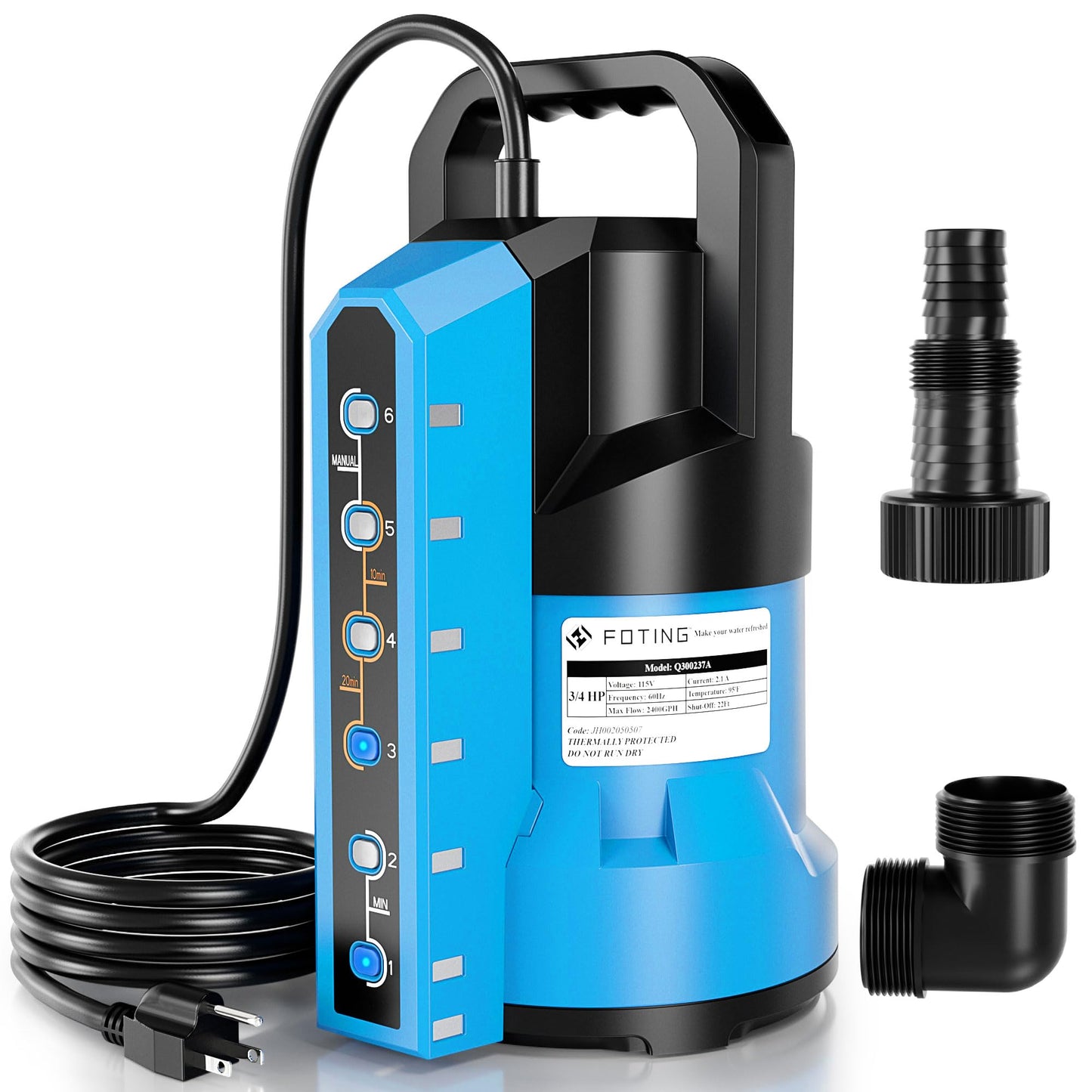 FOTING Sump Pump 3/4HP Automatic Submersible Water Pump, 2400GPH Thermoplastic Electric Portable Transfer Water Pump for Swimming Pool Garden Pond Basement with 16ft Cord, Drain Down to 0.04inch,Blue