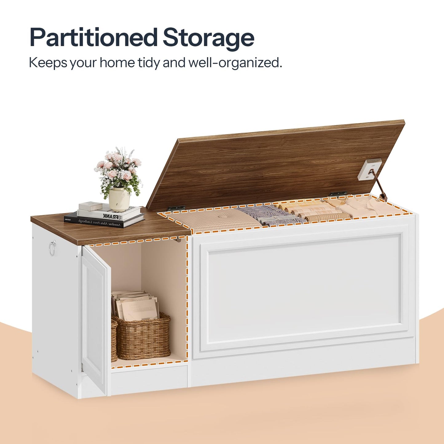 HOOBRO Storage Bench, 47.2" Wooden Toy Box, Toy Chest with Safety Hinge, Farmhouse-Style Storage Chest, Entryway Bench, for Living Room, Bedroom, Hallway, White and Walnut WH54CW01