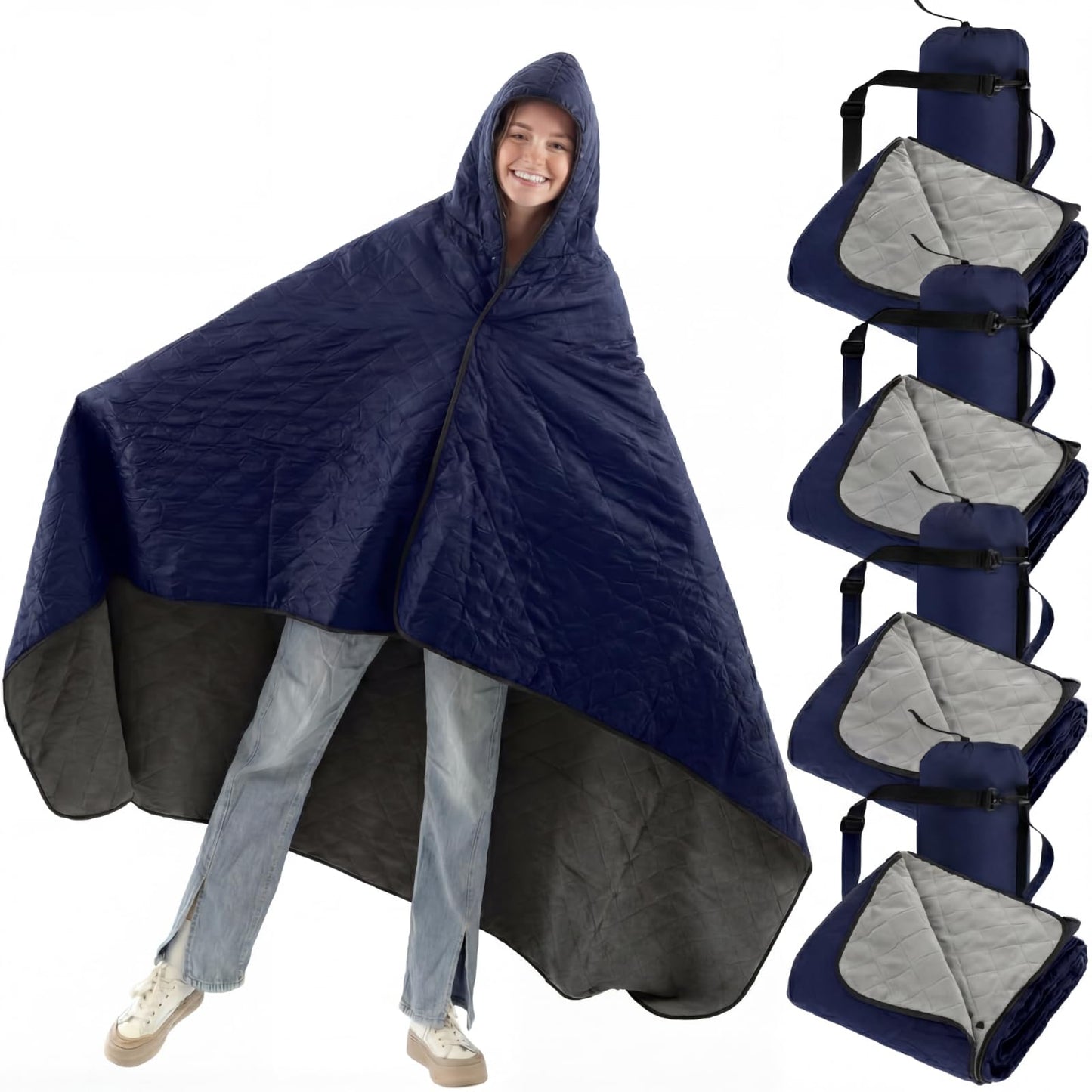 Fanfanwin 4 Pack Outdoor Camping Blanket Bulk - Fleece Waterproof & Foldable Stadium Blanket with Portable Bag for Cold Weather Sports Pet Beach Picnic Stadium Travel Car - 79 * 55inch(Navy Blue)