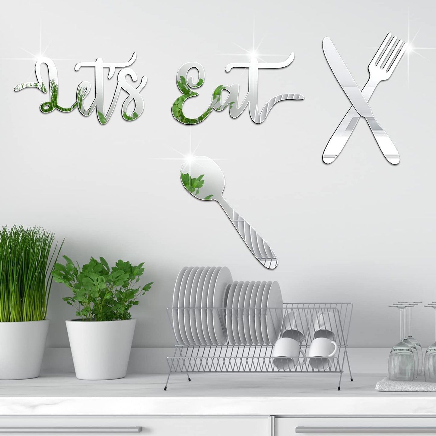 4 Pcs Let's Eat Sign Kitchen Wall Decor Acrylic 3D Mirror Wall Sticker Fork Spoon Knife Eat Sign Cutout Kitchen Decal Decoration Removable DIY for Restaurant Dining(Elegant Style)