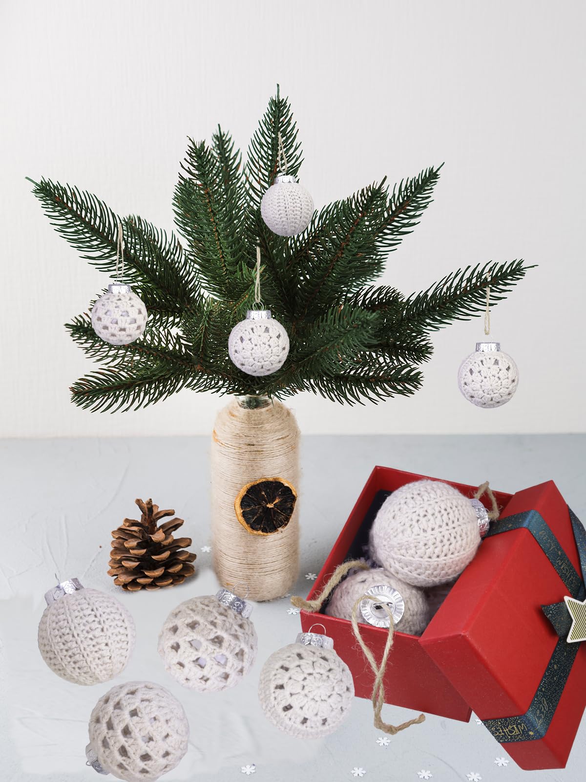 9Pcs 2.36 Inch Boho Crochet Christmas Ornaments, Neutral Decoration Handmade Crochet Ornaments, All Beige Christmas Balls with 3 Unique Patterns for Tree, Fireplace Mantel & Festive Decor