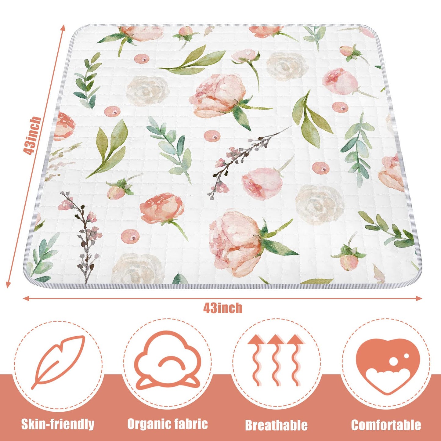 Funtery 43 x 43 Inch Boho Baby Play Mat Portable Crawling Washable Foldable Tummy Time Non Slip Baby Floor Large Playpen Mat for Infants Toddlers Floor Playpen Activity(Flower Theme)