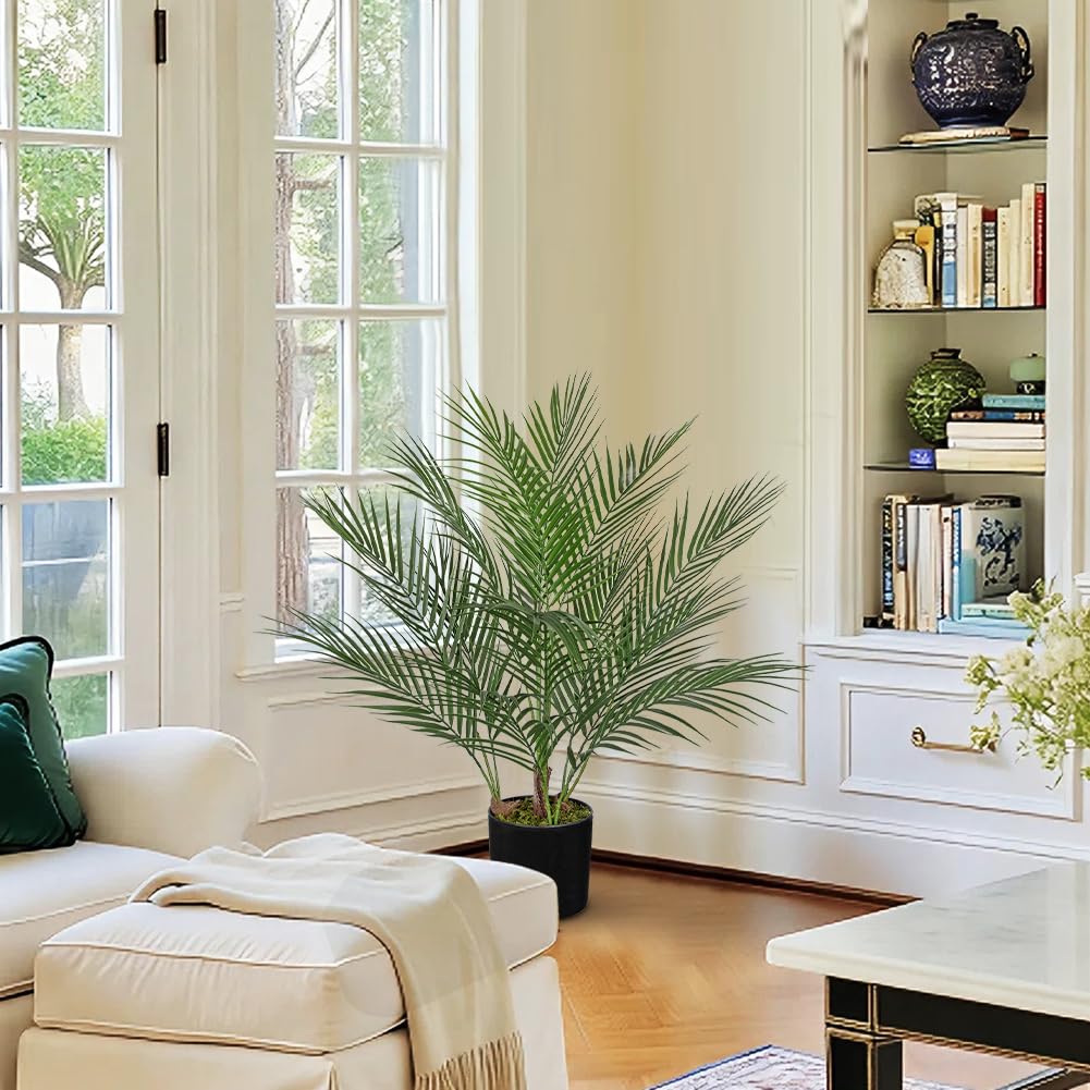 2 Pack Artificial Palm Trees Plants for Indoor Outdoor Use, 2.6FT Fake Palm Trees Silk Tropical Plants with 14 Tree Trunks, Faux Potted Plant for Home & Office, Living Room, Porch, Patio, Garden Decor