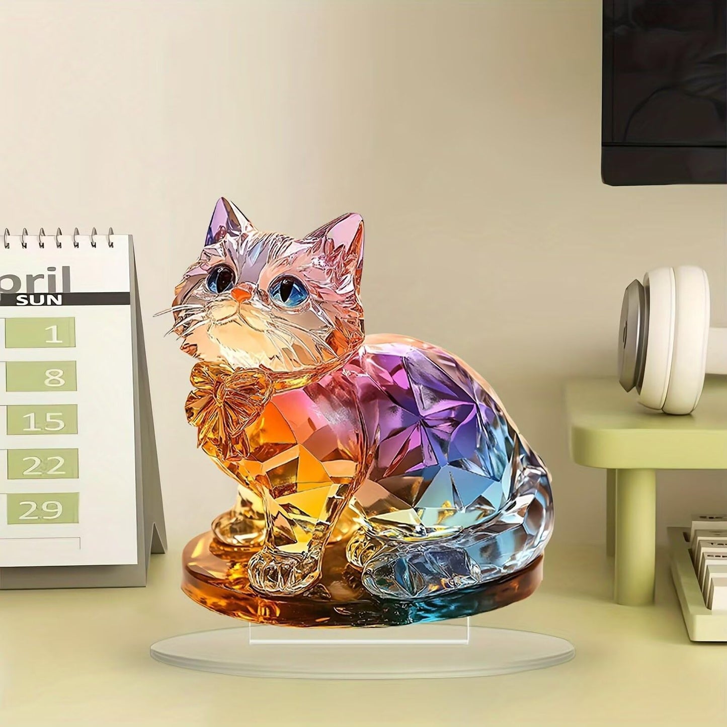 Rainbow Crystal Cat Figurine Acrylic Desktop Decoration, Suitable for Home Décor in Living Room or Office. Idea Gift Choice: Halloween, Christmas, Birthday, Anniversary, Valentine's Day, Celebrations