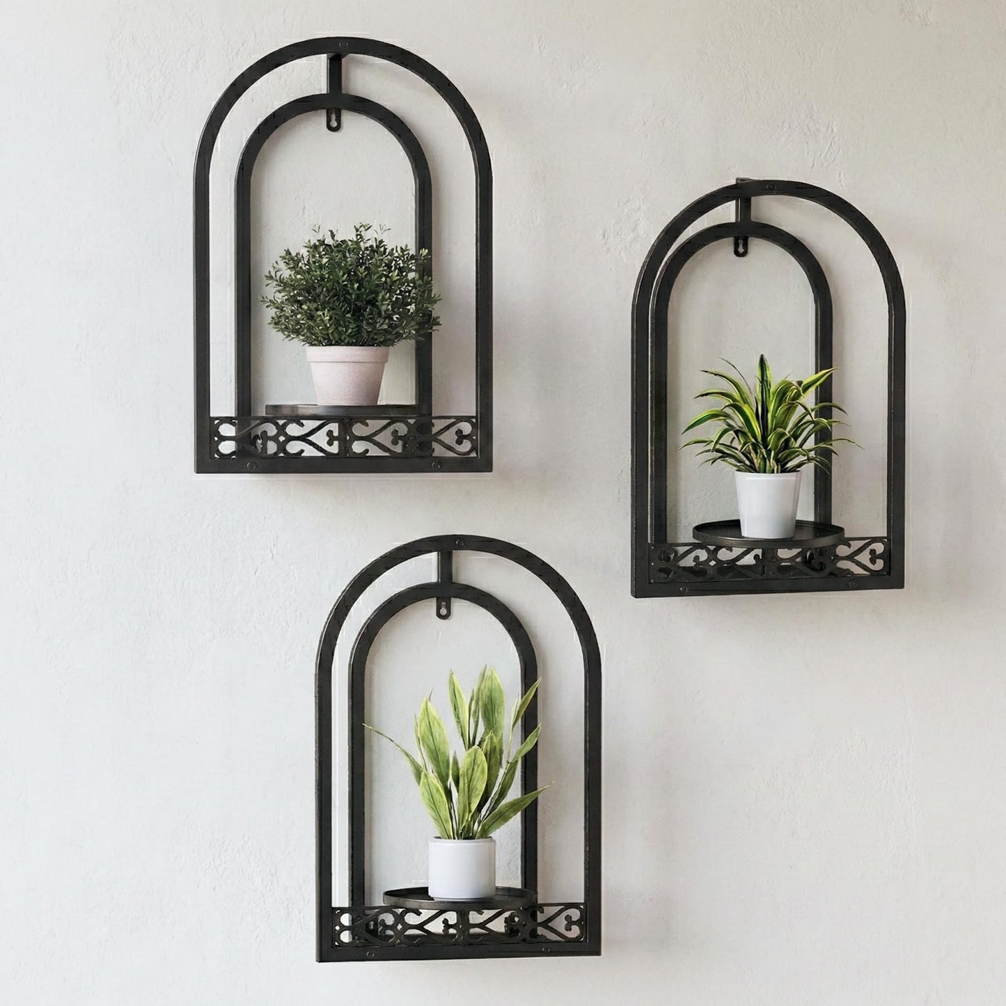 Rioneta Hanging Planter for Indoor & Outdoor Plants, Mid Century Modern Iron Frame Wall Decor for Living Room Garden Patio 3 Pack Black（No Light）
