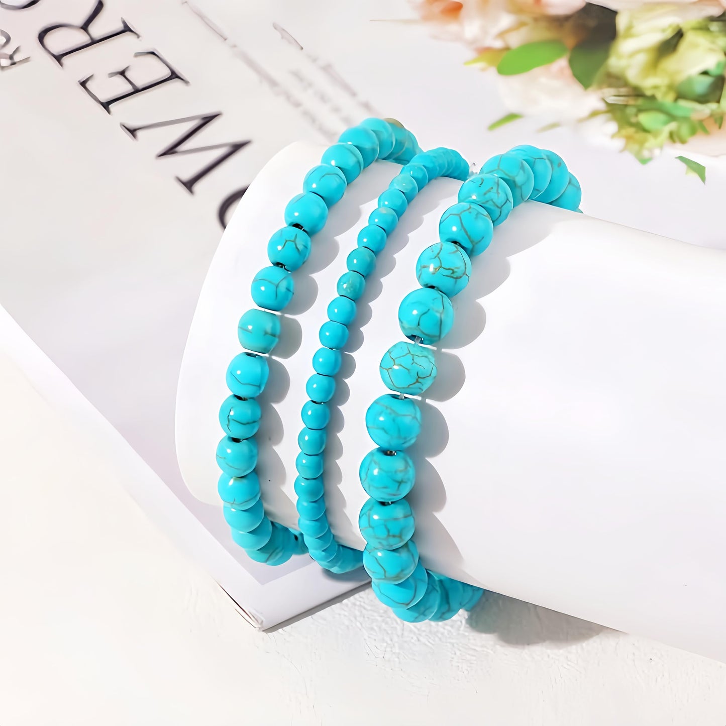 CINSKYING 3Pcs Healing Crystal Turquoise Bracelets for Women Men 8mm 6mm 4mm Natural Stone Beaded Stretch Bracelet Jewelry Gifts for Women Girl (T1-Turquoise)