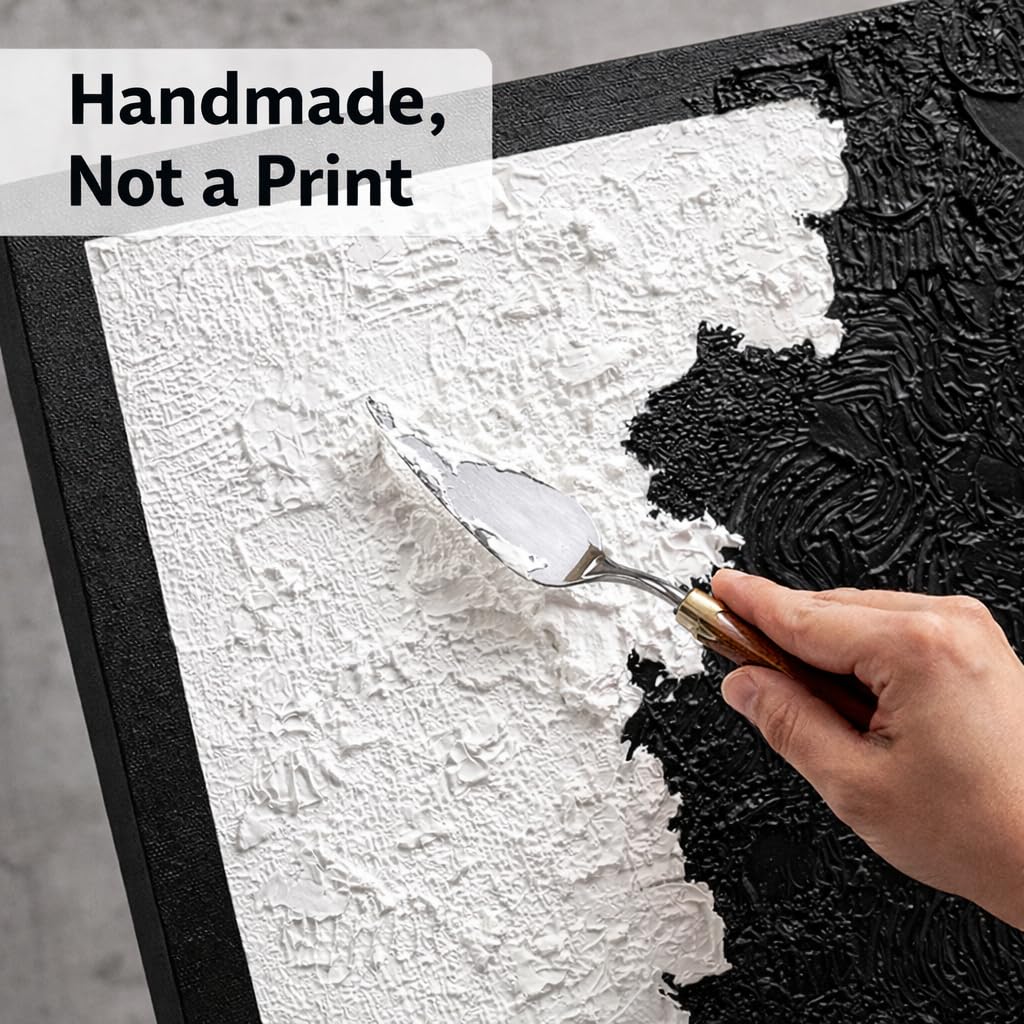 HONGRUIFAN Handmade Textured Canvas Wall Art 24x24 Inches, Black and White Abstract Art, Handcrafted Cotton Canvas, Ready to Hang