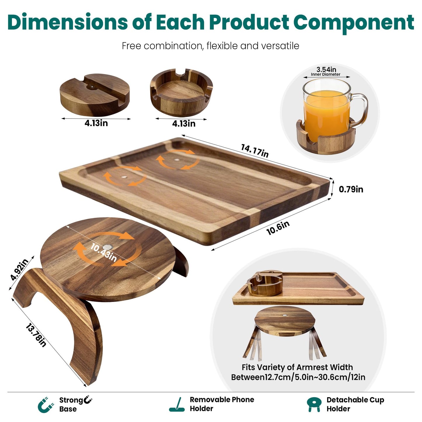 360° Detachable Rotating Acacia Wood Sofa Arm Tray Table, Serving Tray Clip On Couch Armrest Table with Cup Holder & Phone Stand, TV Dinner Tray for Eating on Sofa, TV Trays Fits for Small Spaces