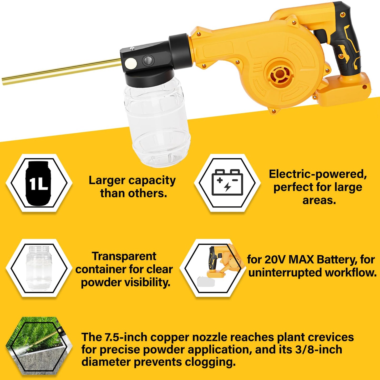 Dinftin Electric Diatomaceous Earth Duster Compatible for DeWalt 20V Battery(Battery Not Included), Garden Dust Applicator with 1L Capacity and 7.5" Nozzle, Versatile Leaf Blower & Powder Sprayer