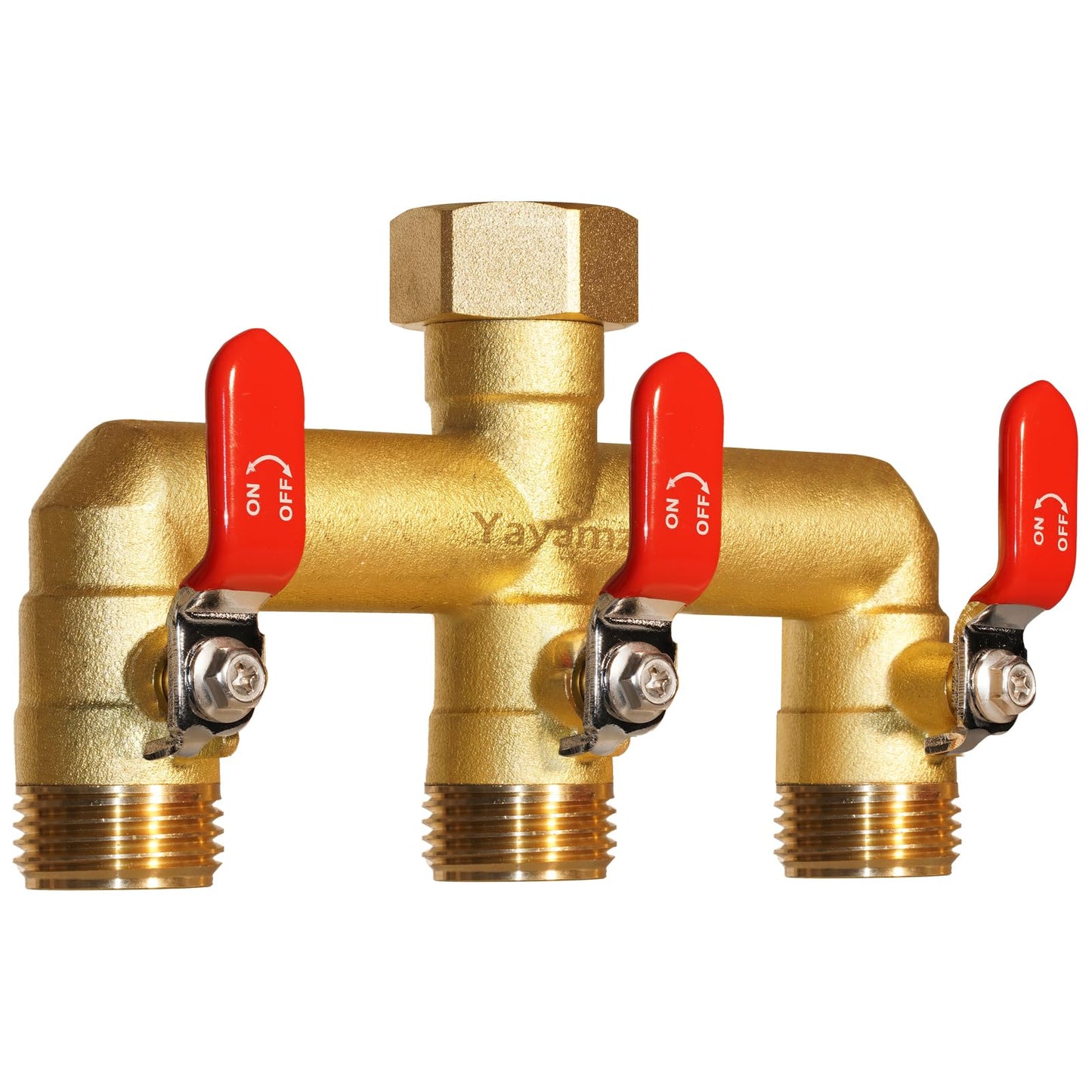 Heavy Duty Brass Garden Hose Splitter 3-Way,3/4" GHT Thread, High Flow Faucet Splitter, Water Hose T Spigot Splitter with Shut-off Valves,Water Adapter & Connector-Long Red Metal Handle