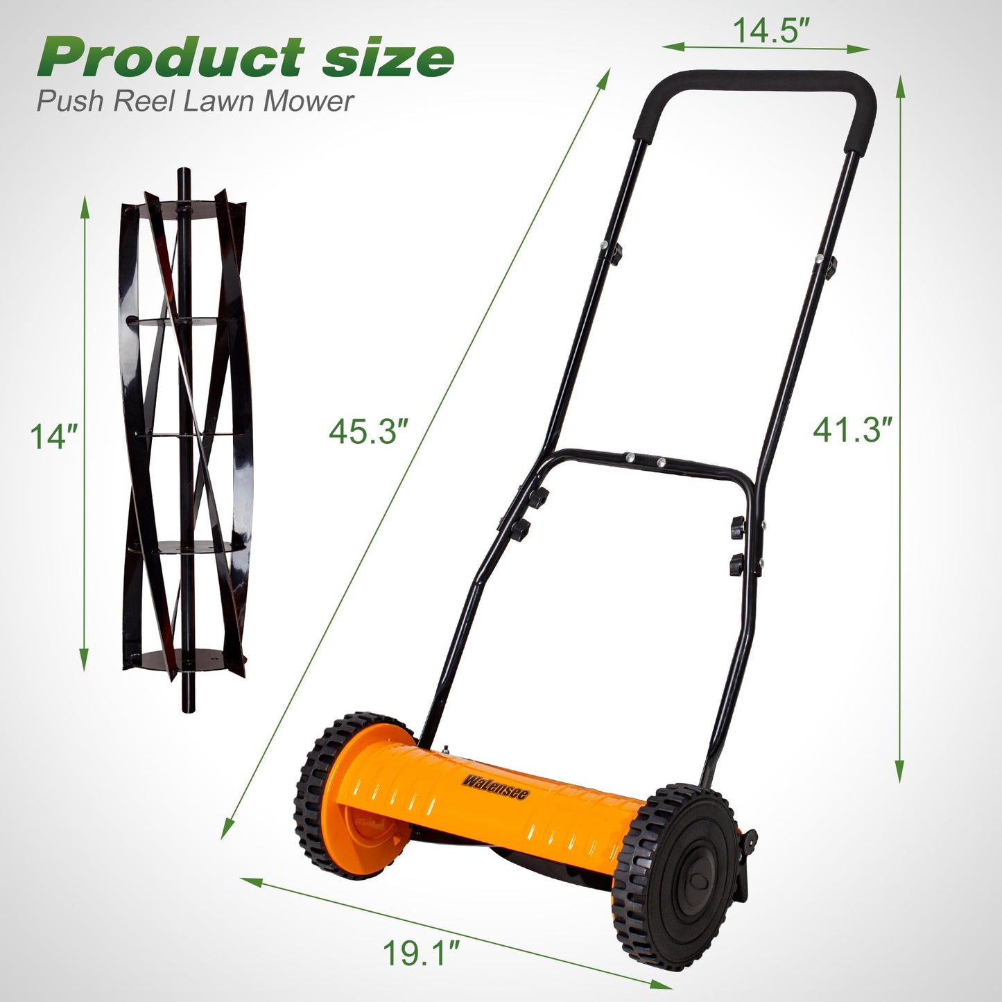 Walensee Push Reel Lawn Mower, 14-Inch 5-Blade Cordless Manual Reel Lawn Mower, Walk-Behind Steel Lawn Mower with 4-Position Cutting Height Adjustment & Sponge Grip