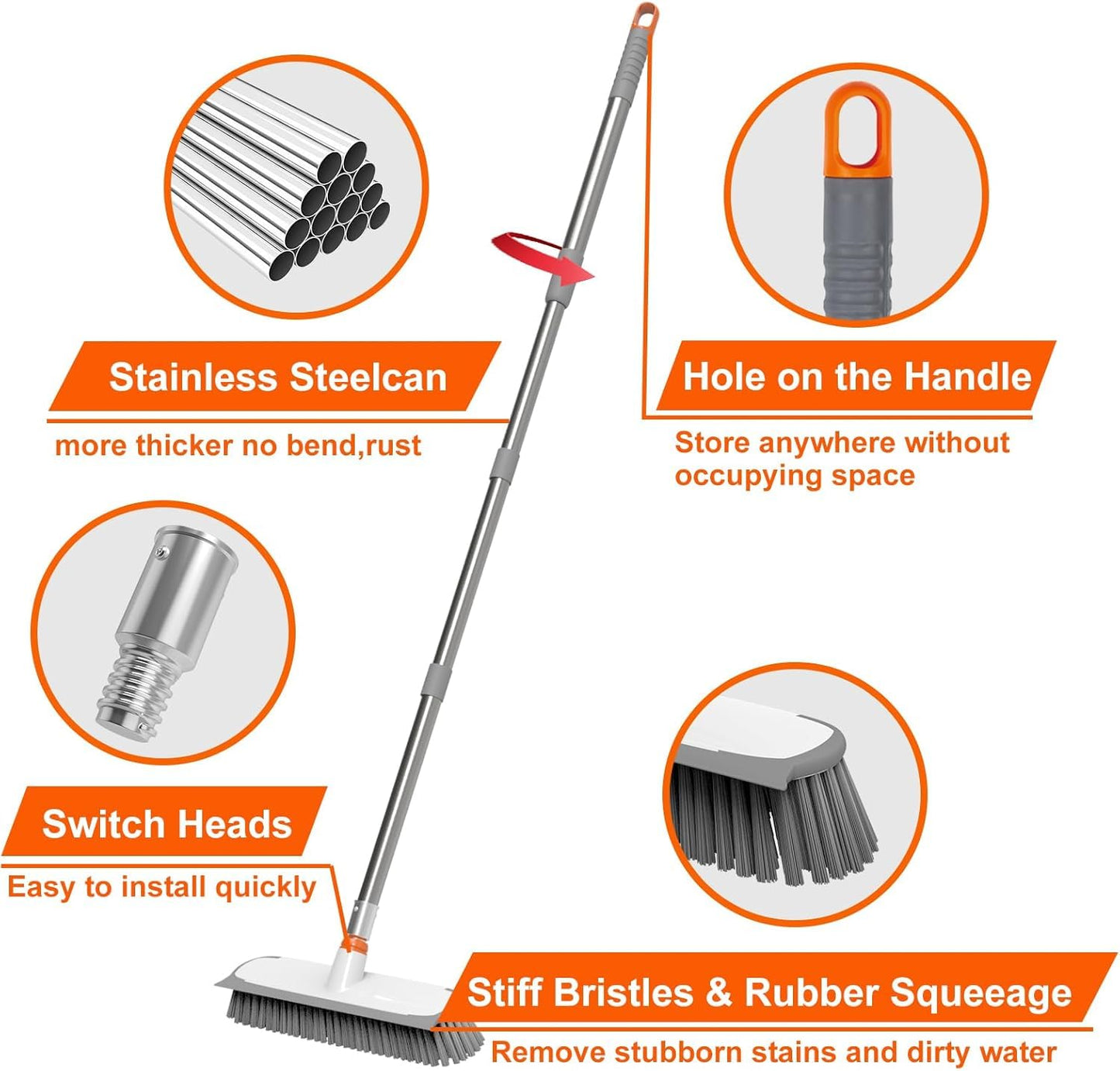 ITTAR 55" Extendable Floor Scrub Brush | 12" Wide 2-in-1 Scrub & Squeegee | Heavy-Duty Tile Scrubber Cleaner with Stiff Bristles for Shower Floor, Kitchen, Restaurant, Patio & Garage-Orange