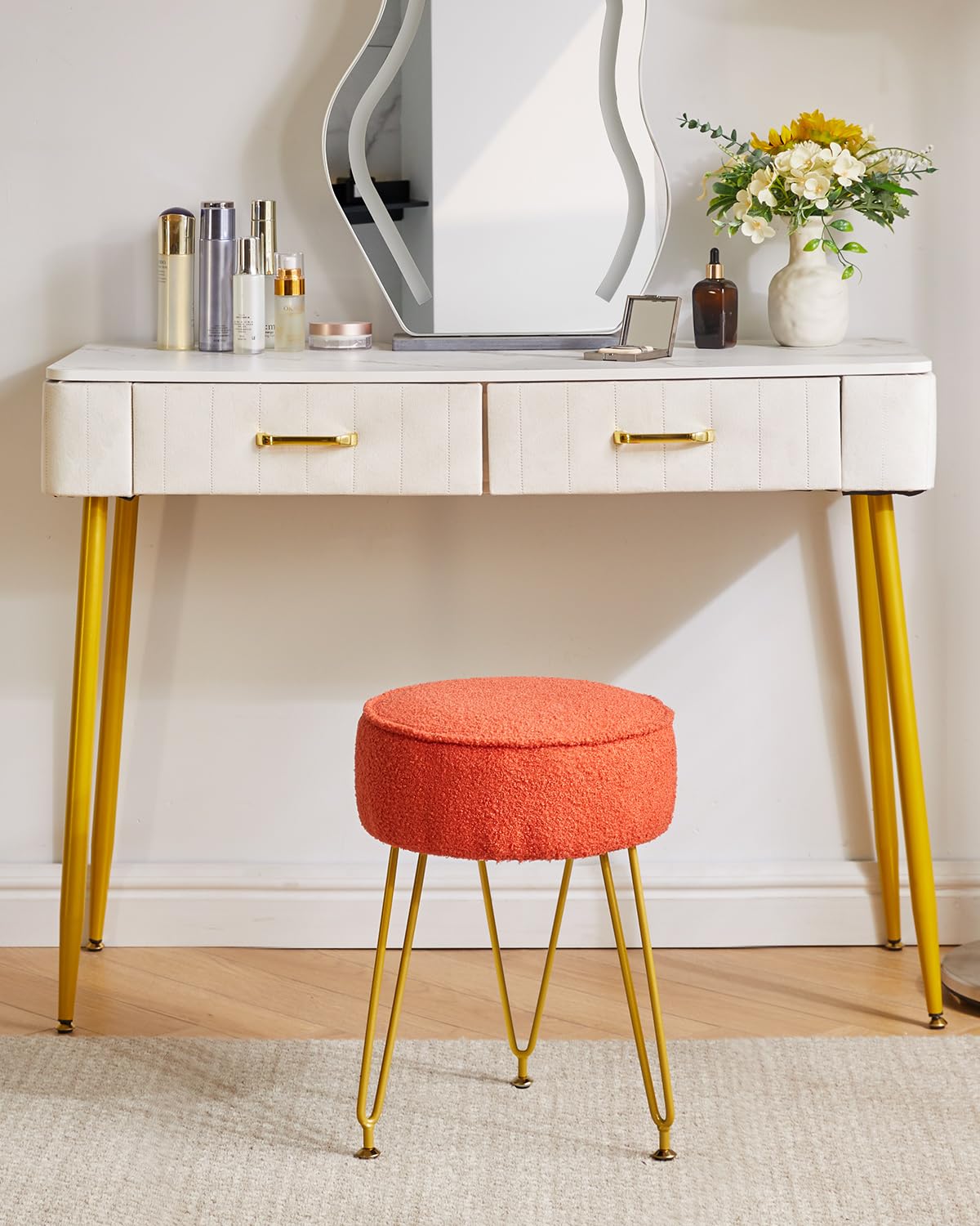 IBUYKE Teddy Velvet Round Footrest Stool Ottoman, Makeup Vanity Stool Side Table, Velvet Dressing Table Seat, Pouf Couch Stool, for Living Room Bedroom, Orange WBD009J