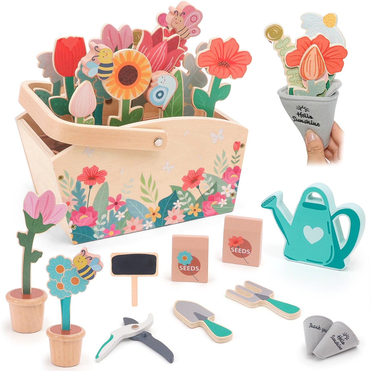 Wooden Pretend Play Toy Gardening Box-30 Pieces Wood Flower & Garden Tool Sets for Toddler 3 4 5 6 Year Old,Kids Educational Learning Toy,Girls Birthday Gift