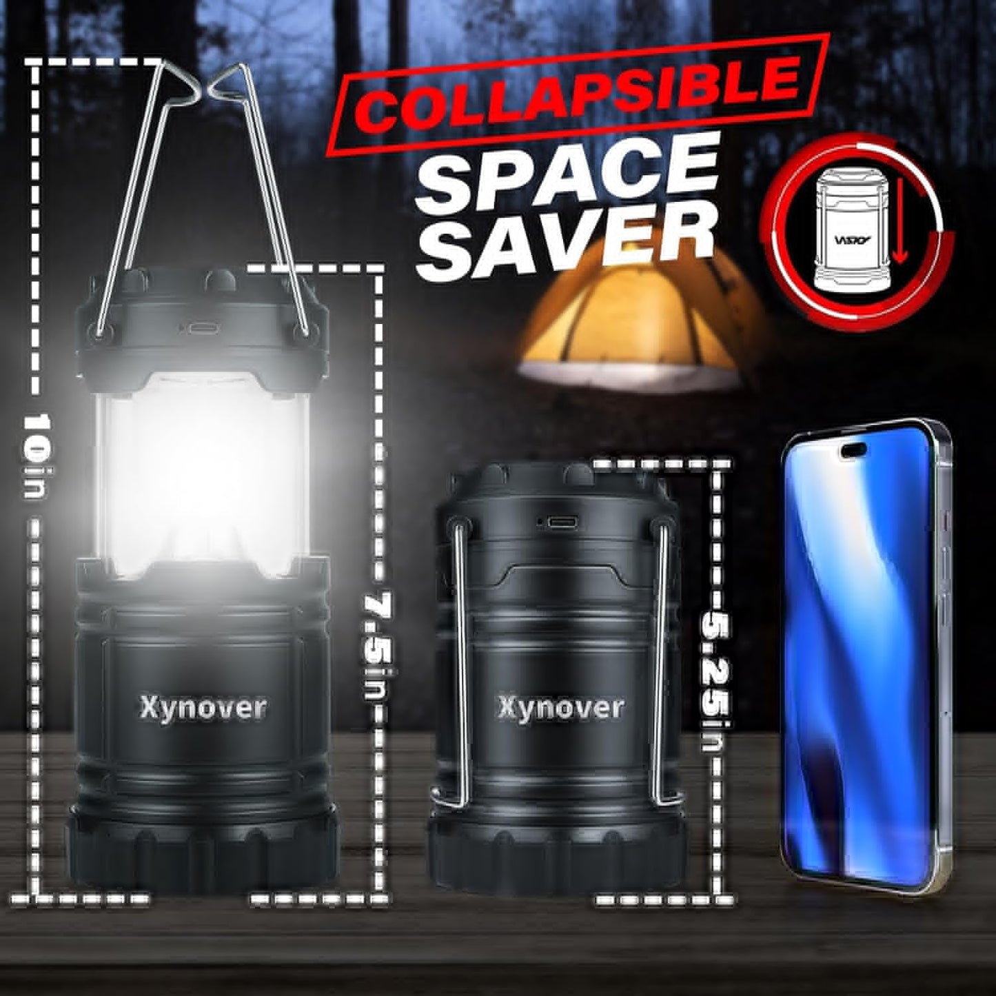 Xynover 4-Pack Solar Camping Lanterns,Rechargeable LED with USB/Solar/AA Battery,Magnetic Base,Hanging Hook,Collapsible, Waterproof for Emergency, Hiking,Hurricane,Campsites,Lanterns for Power Outages