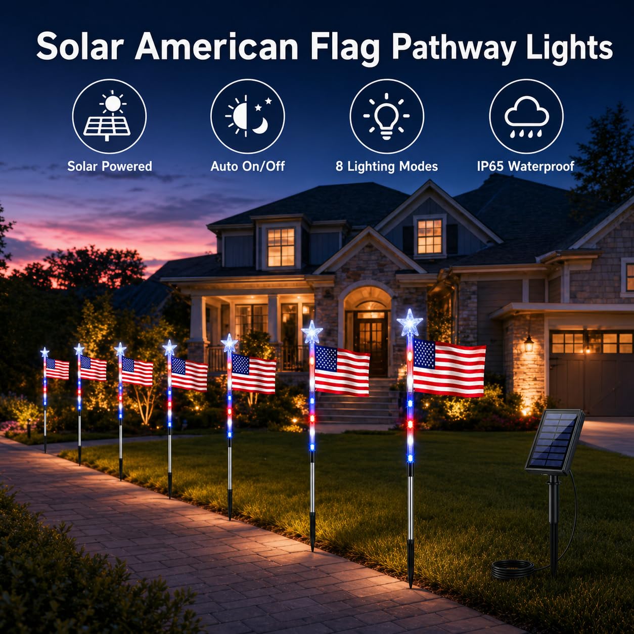 8 Pack Solar American Flag Pathway Lights, Patriotic Red White Blue Outdoor Stake Lights, Waterproof Solar LED Yard Garden Decorations for 4th of July, Independence Day