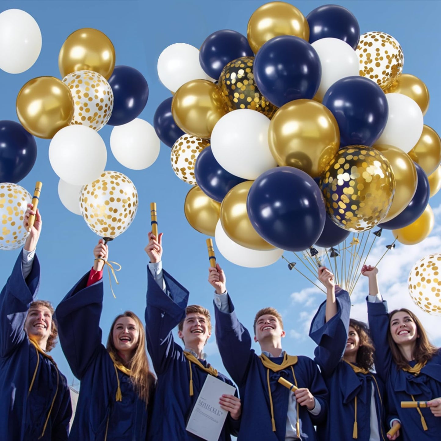 Zesliwy Navy Blue Gold Confetti Balloons Set,50pcs 12inch Royal Dark Blue Metallic Gold White Latex Balloons with Ribbon for Birthday Wedding Graduation Bridal Shower Party Decorations