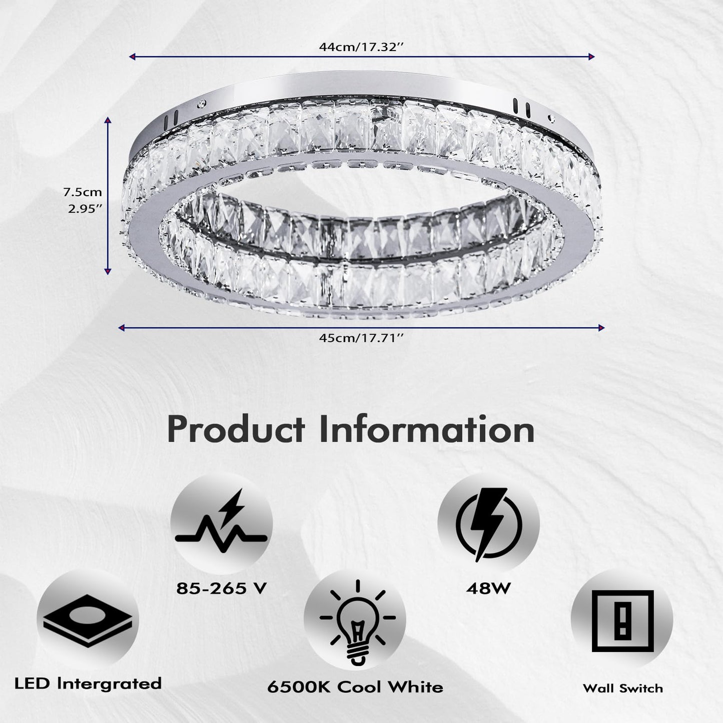 Finktonglan Crystal LED Flush Mount Ceiling Light, 17.7" Modern Round Crystal Ceiling Light, 48W 6000K Cool White, K9 Crystal & Stainless Steel, Low Profile, Non-Dimmable (No Remote)