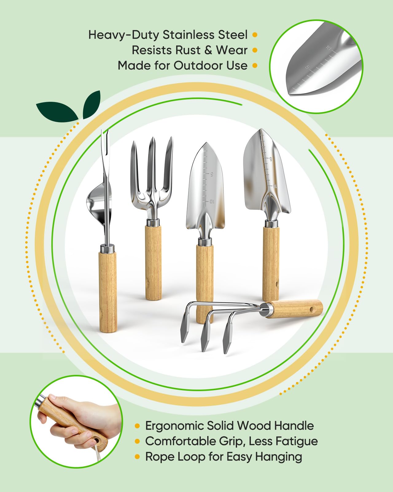 Grenebo Wood Wall Hooks Organizer Gardening Tool Set, 6-Piece Garden Tools with 5 Sturdy Wooden Hooks for Wall, Rust-Proof Outdoor Garden Tool Set, Gardening Gifts for Women, Coat Rack Wall Mount