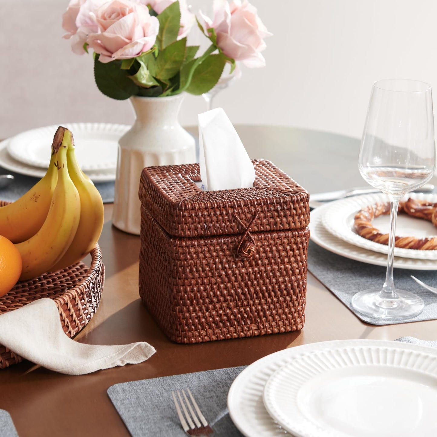 Rattan Square Tissue Box Cover, 5.7" x 5.7" x 5", Decorative Woven Facial Tissue Holder with Hinged Top Lid, Brown