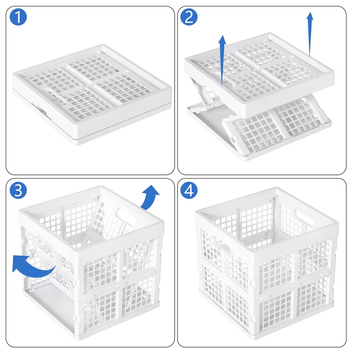 Sadstory 18 L Plastic Square Folding Storage Crate, Stackable Collapsible Crates, White, 3 Pack