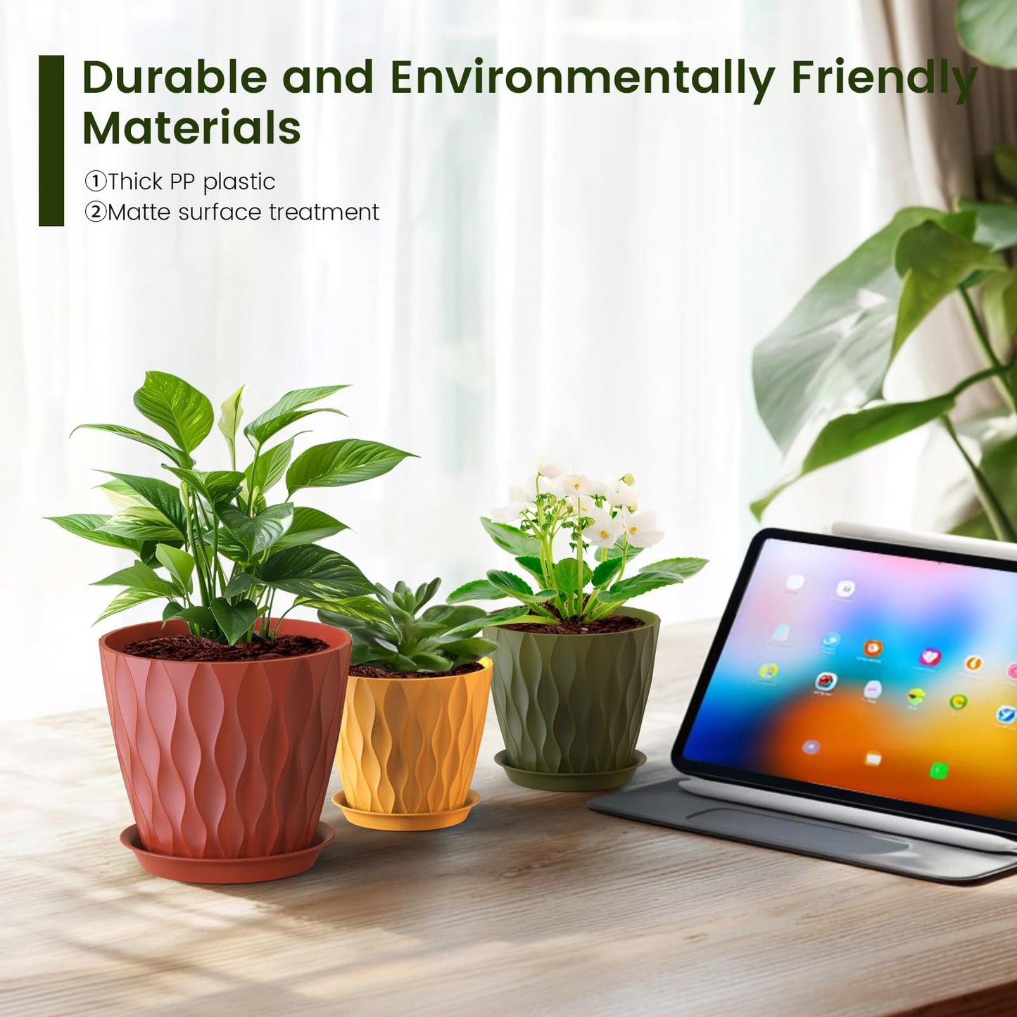 Meowell 7/6.5/6/5.5/5/4.5/4 inch Plant Pots for Indoor Outdoor Plants, 7 Pack Thick Flower Pots with Drainage Holes and Saucers, Modern Wave Texture Small Plastic Planters Nursery Pots, Multicolor