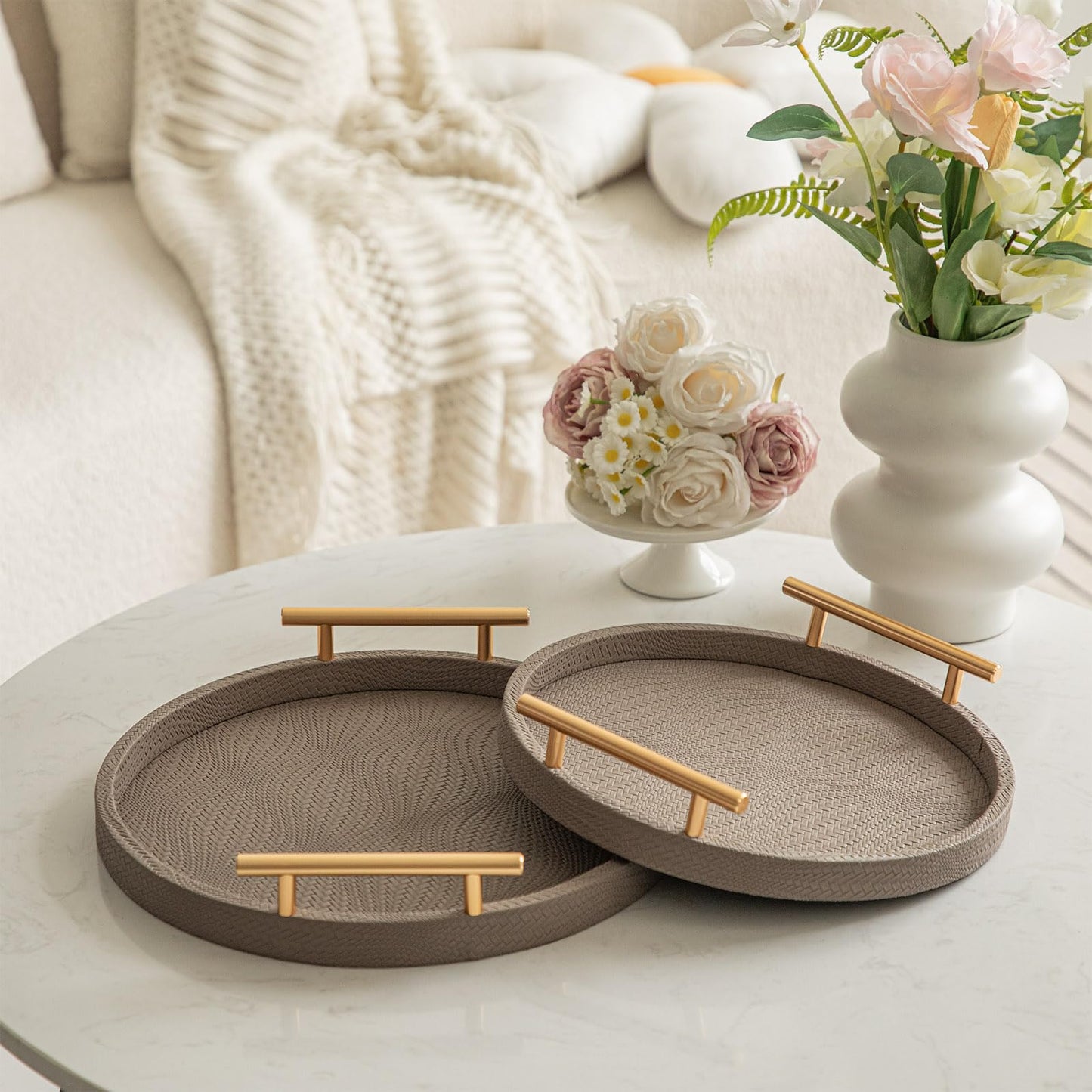 MACVAD 2 Piece Coffee Brown Round Serving Tray with Handles, Woven-Texture Faux Leather Ottoman Tray for Living Room, Decorative Tray for Coffee Table Home Decor