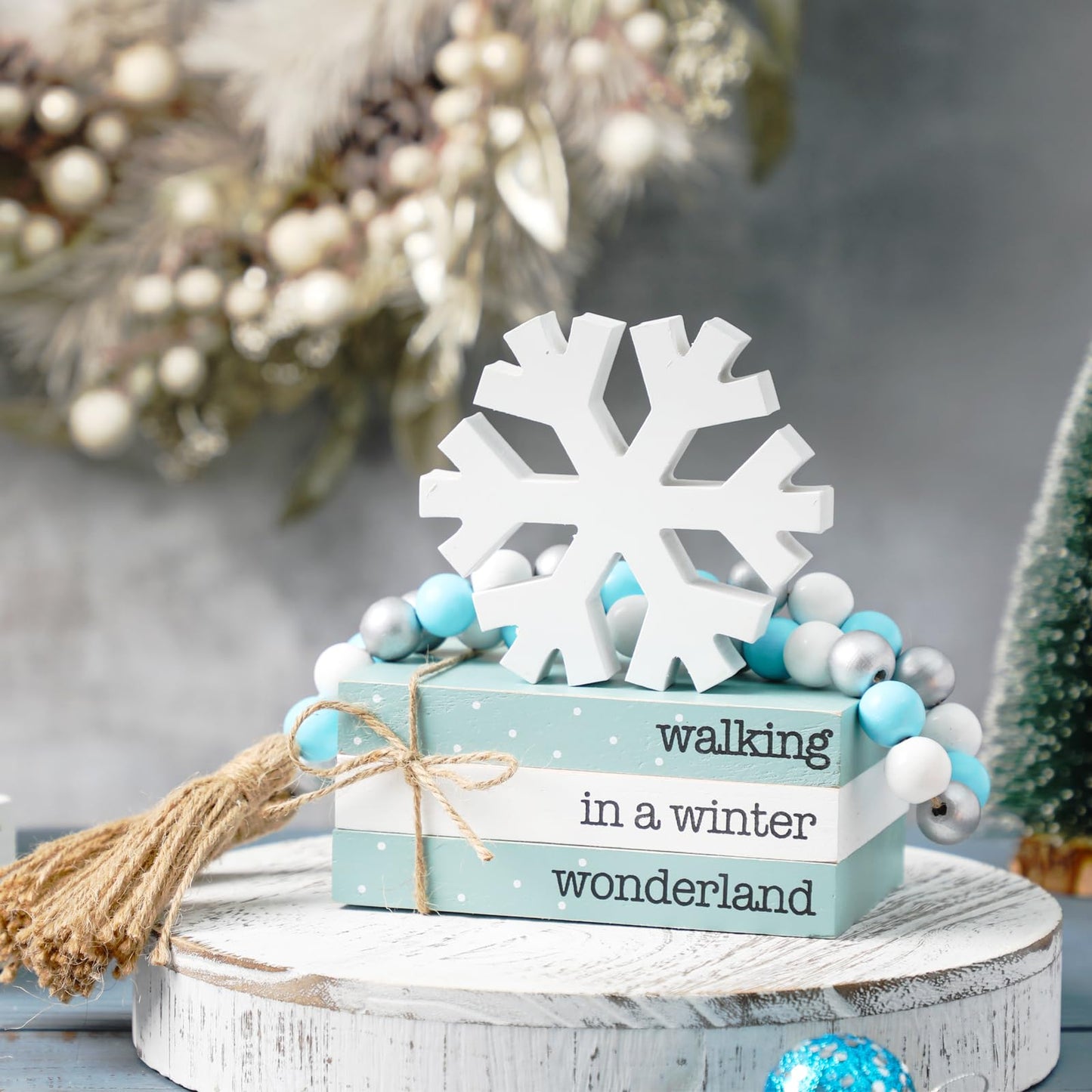 WODOHOLO 5Pcs Winter Wooden Tiered Tray Decor, Wooden Book Stacks Bundle with Snowflake Table Decor, Blue Xmas Rustic Farmhouse Tabletop Centerpieces Home Kitchen Decoration