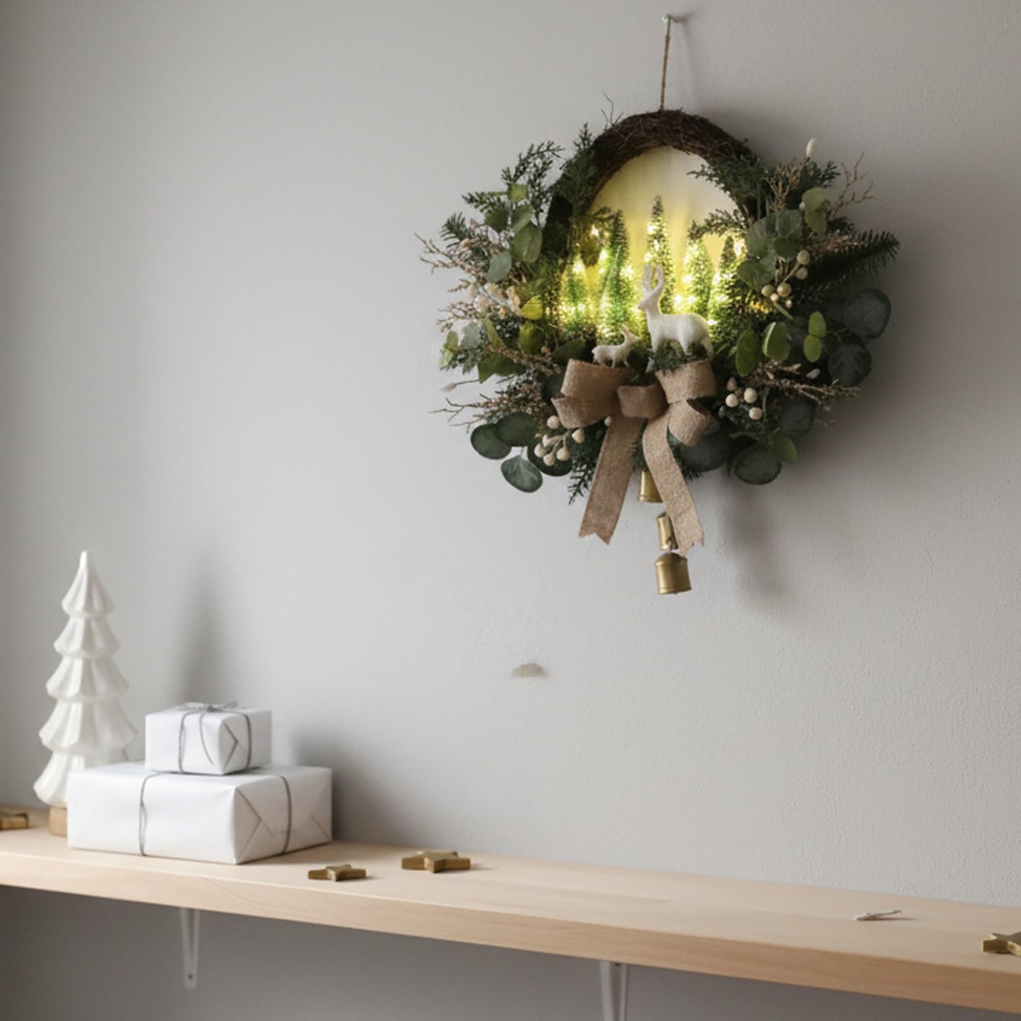 Lighted Christmas Wreath with LED Lights & White Deer, Bottle Brush Trees, Burlap Bow and Bells, Artificial Greenery Front Door Holiday Decoration with Timer