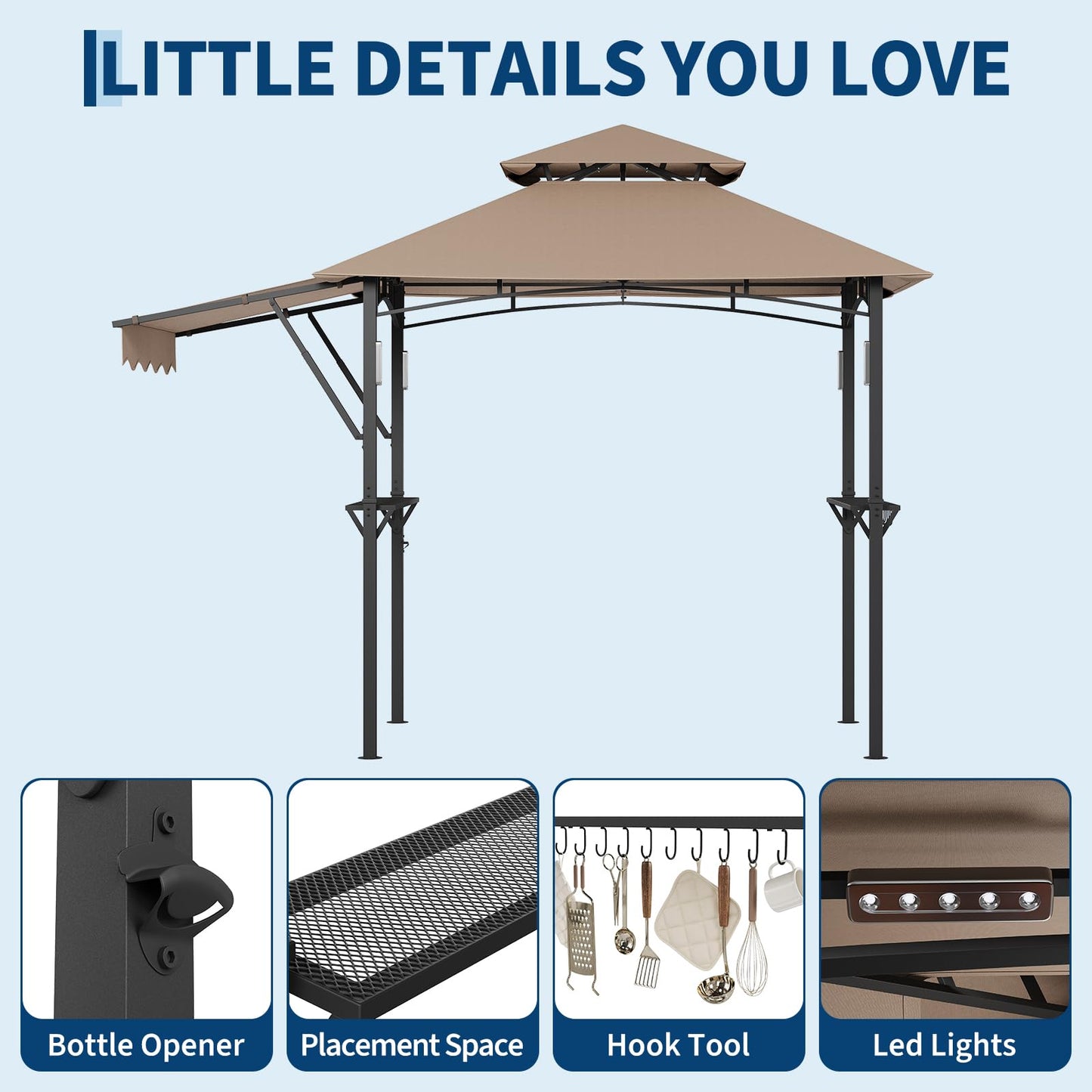Garvee 8x5 ft Grill Gazebo with Side Awning, Double-Tier BBQ Canopy with 2 Side Shelves, 4 LED Lights,10 Hooks & Bottle Opener, Heavy-Duty Outdoor Grill Shelter for Patio, Backyard, Garden, Deck,Khaki