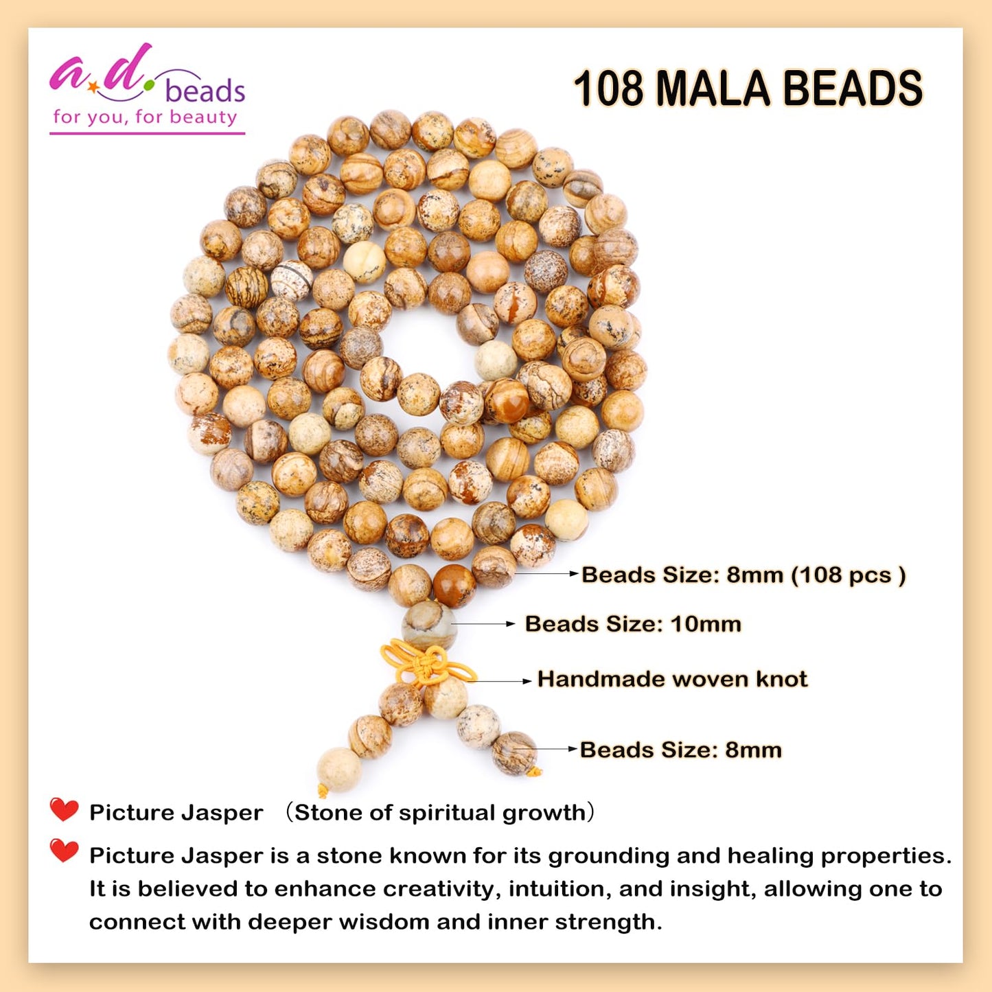 AD Beads 8mm 108 Prayer Mala Picture Jasper Elastic Bracelet - Spiritual Growth - Handmade Yoga Meditation Healing Power Energy Gifts for Unisex Adult.