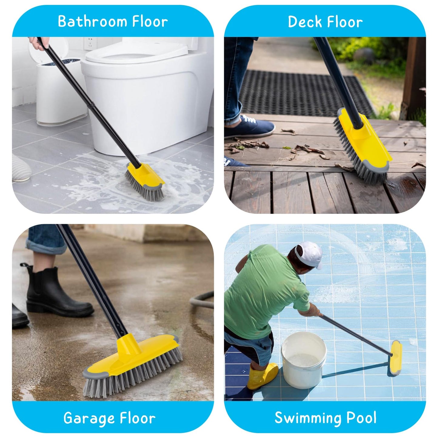 Deck Brush with Long Handle, Floor Scrub Broom for Shower, 50'' Outdoor Scrubber for Carpet, Boat, Patio, Garage, Concrete Cleaning