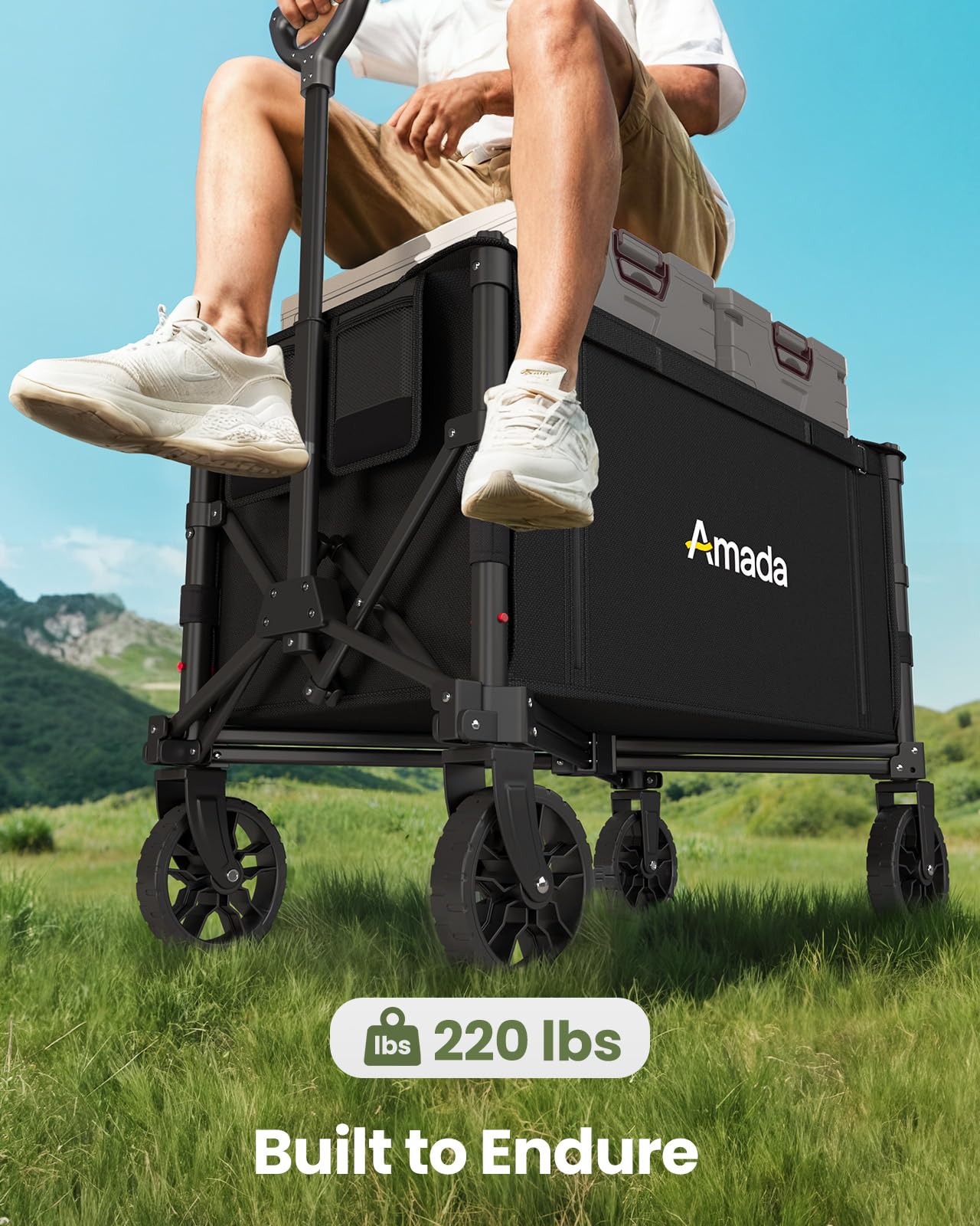Wagons Carts Foldable, Collapsible Wagon Cart with 220 lbs Max Load and Expandable Storage Space, Heavy-Duty Foldable Wagon Cart with Wheels for Groceries, Shopping, Sport, Beach, Garden and Camping